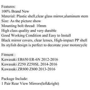 10 mm Rückspiegel für Kawasaki ER650 ER-6N 12–16 ZR800 Z800 13–16 Z250SL Generic