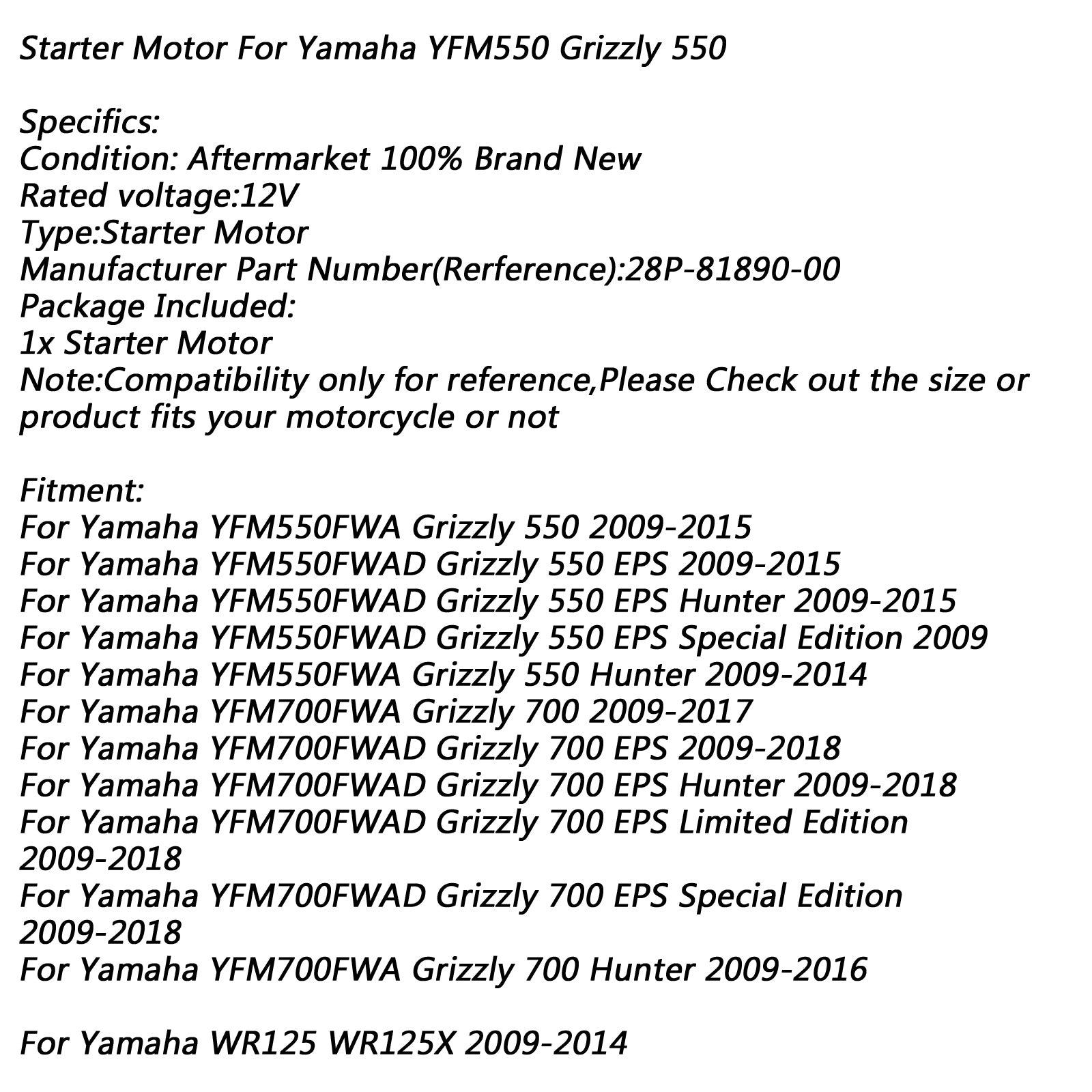 Electric Starter Motor for Yamaha YFM550FWA Grizzly 550 09-15 YFM700 EPS Hunter