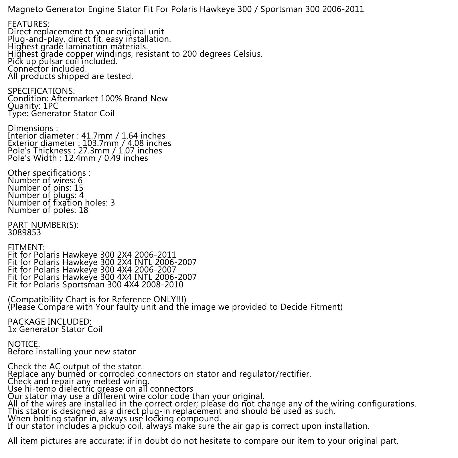 Stator Magneto Fit für Polaris Sportsman 300 08-10 Hawkeye 300 06-11 3089853