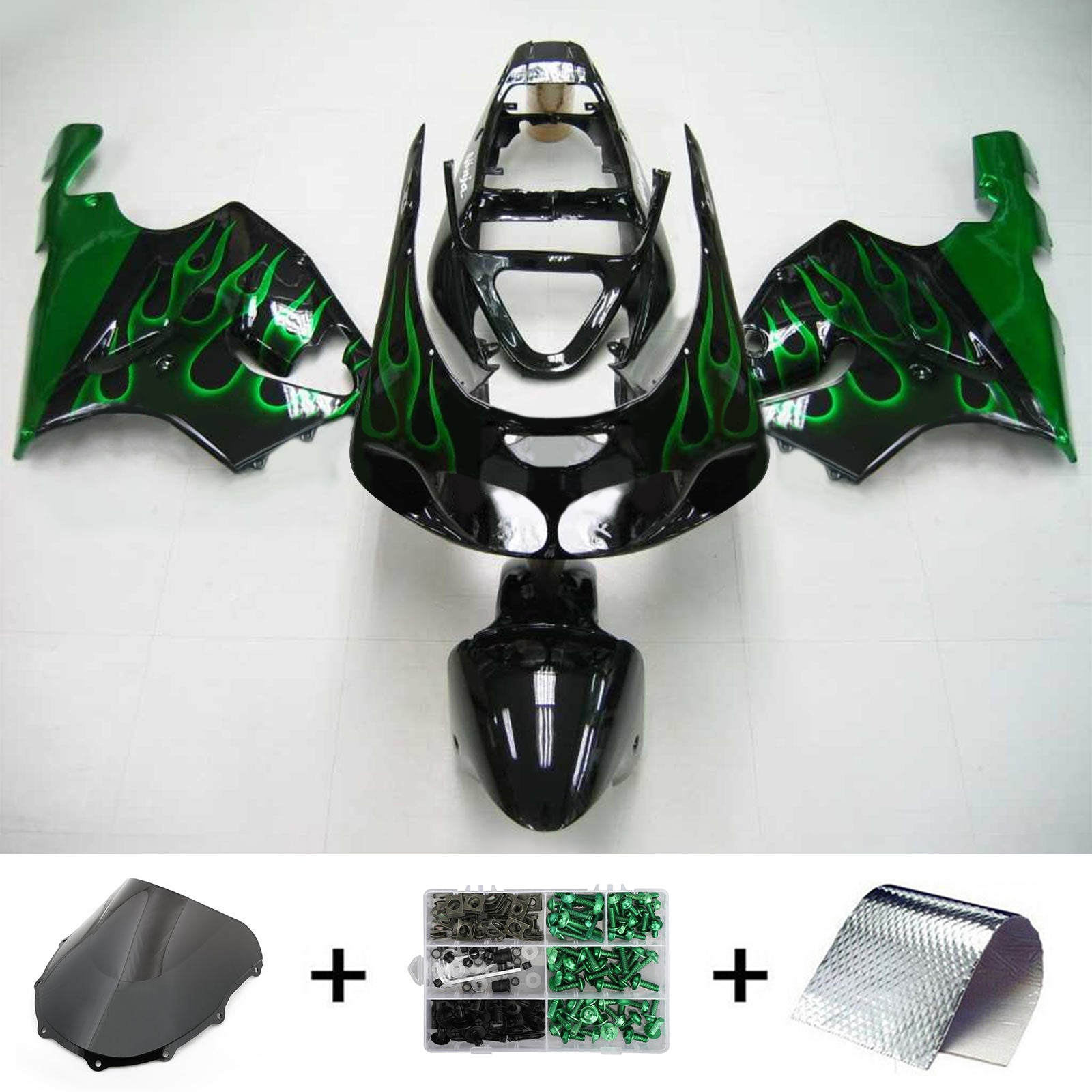 Amotopart 1996-2003 Kawasaki ZX7R Black&Green Fire Fairing Kit