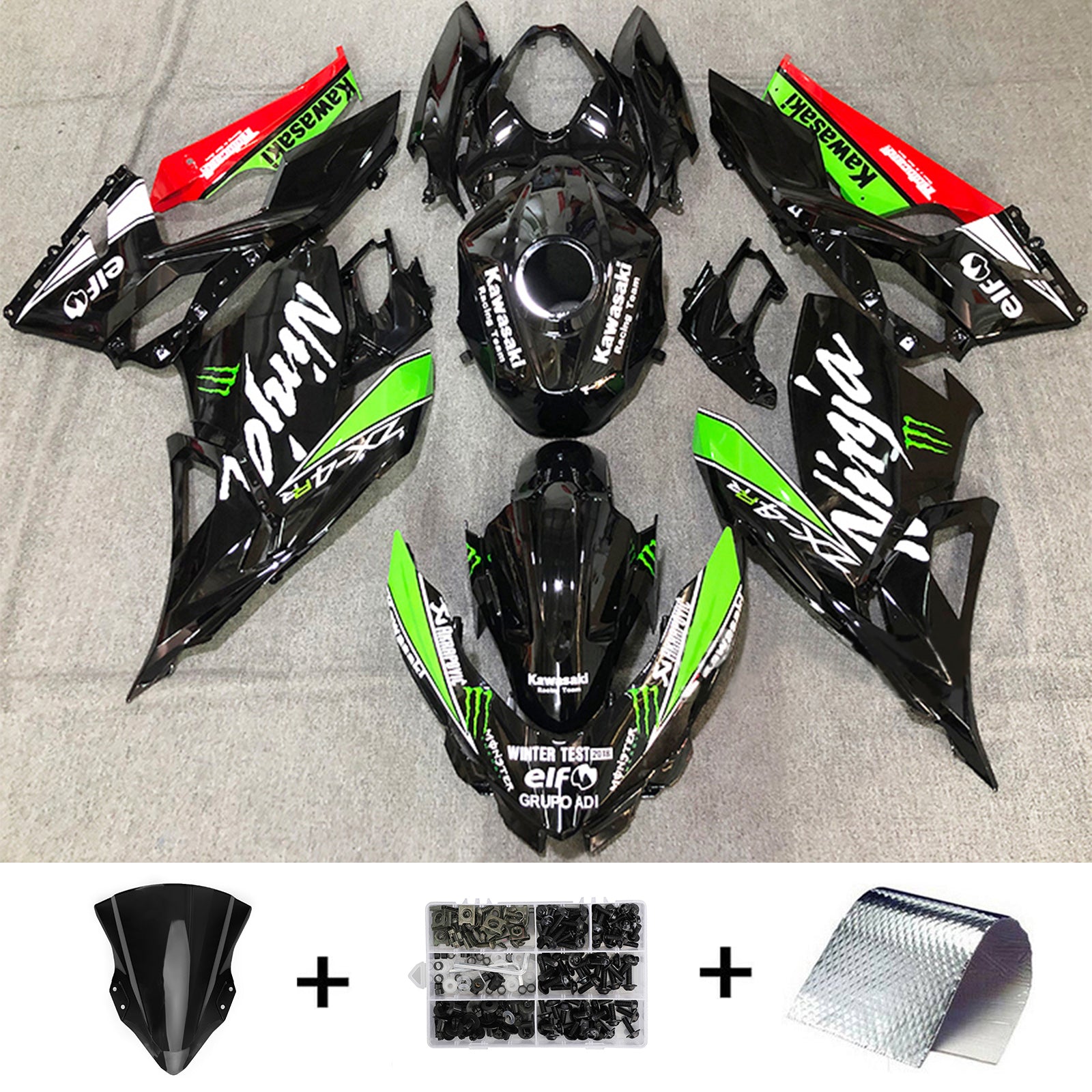 Amotopart Kawasaki 2018-2024 EX400/Ninja400 ブラック グリーン フェアリングキット