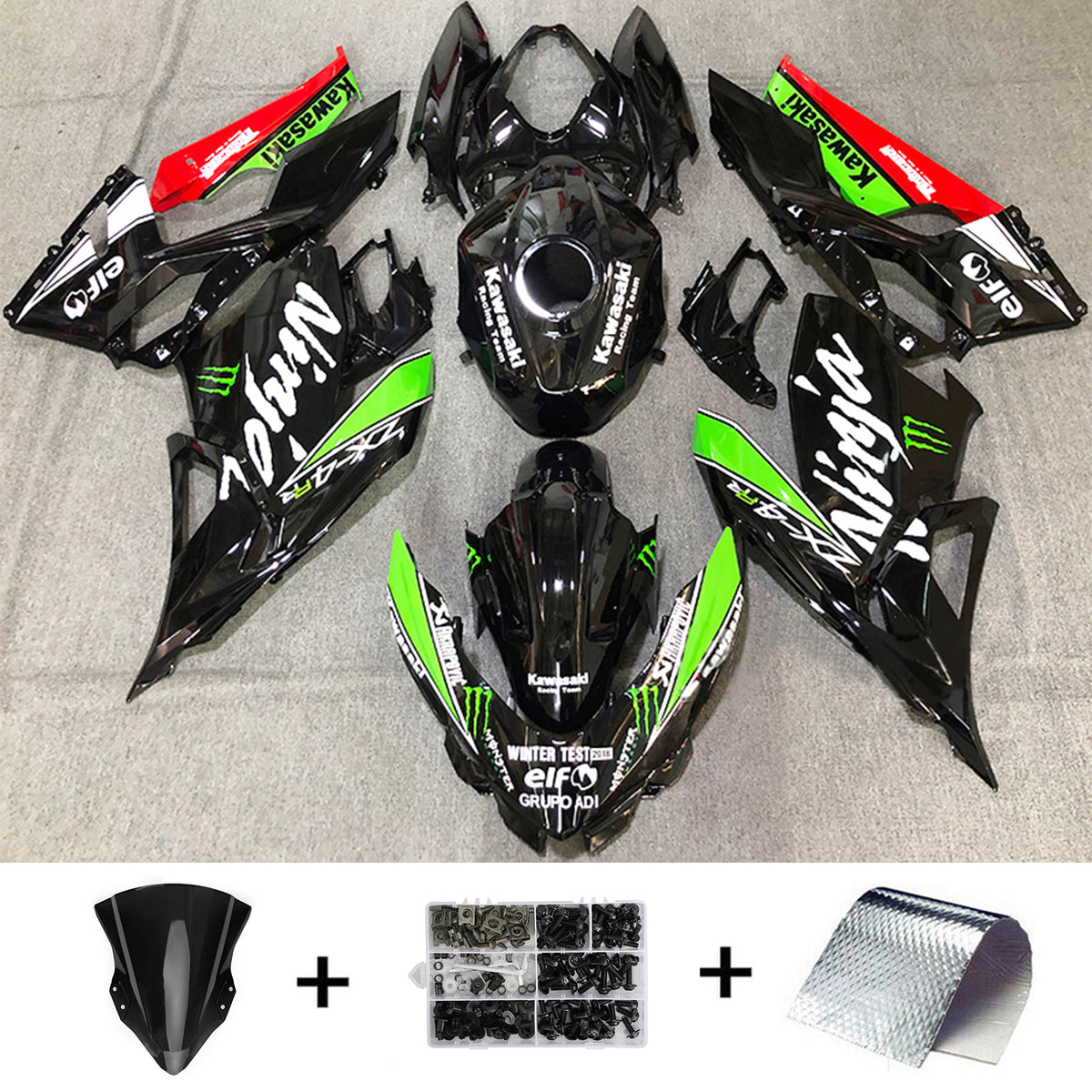 Kit carena Amotopart Kawasaki 2018-2023 EX400/Ninja400 Nero Verde