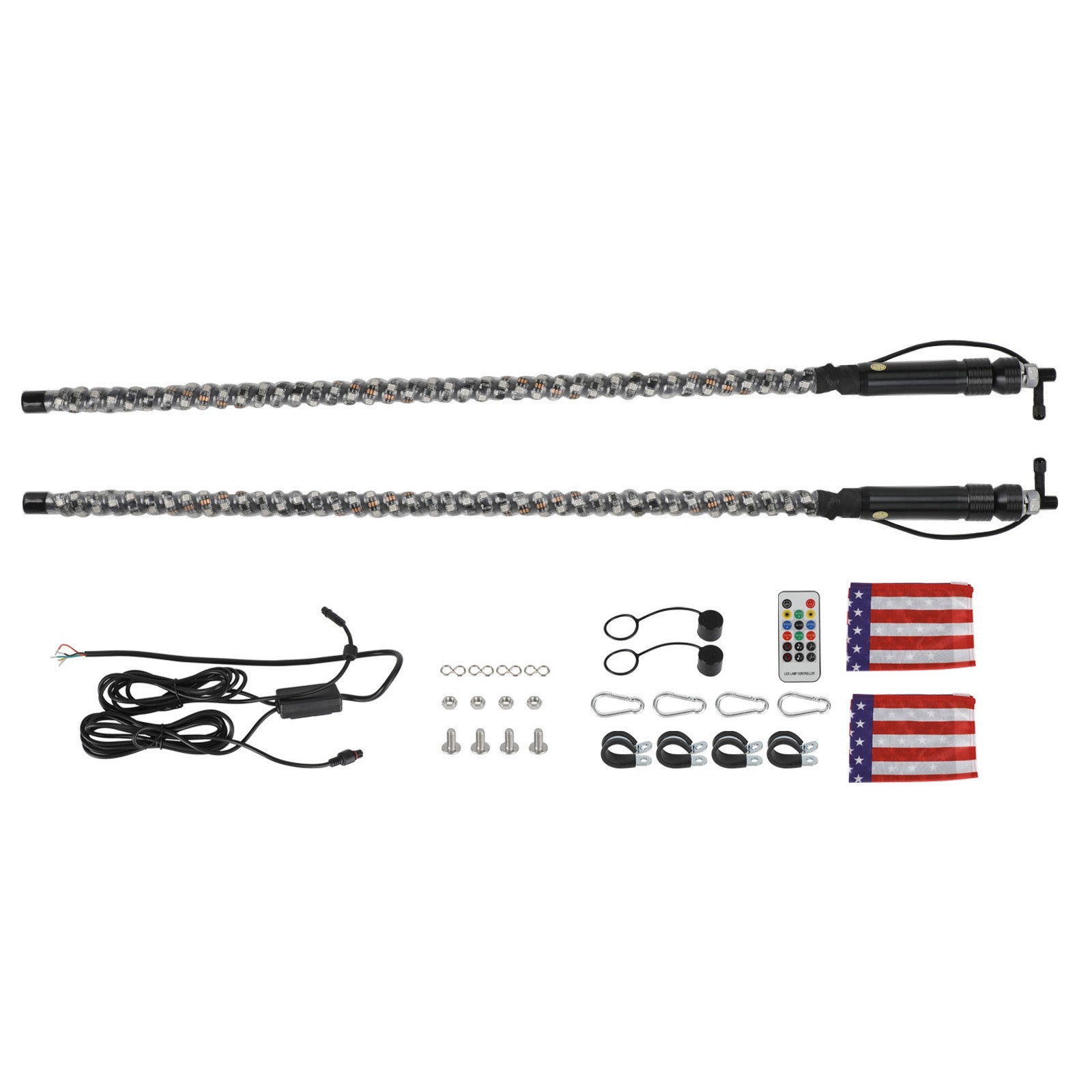 Polaris RZR UTV ATV 2X 3ft RGB LED Whip Lights Antenna W/ Flag Remote Control