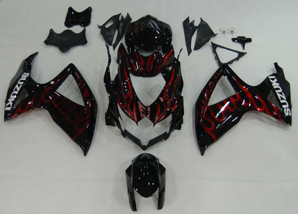 Amotopart 2008–2010 GSXR600750 Suzuki Verkleidung, Schwarz, rote Flamme, Kit