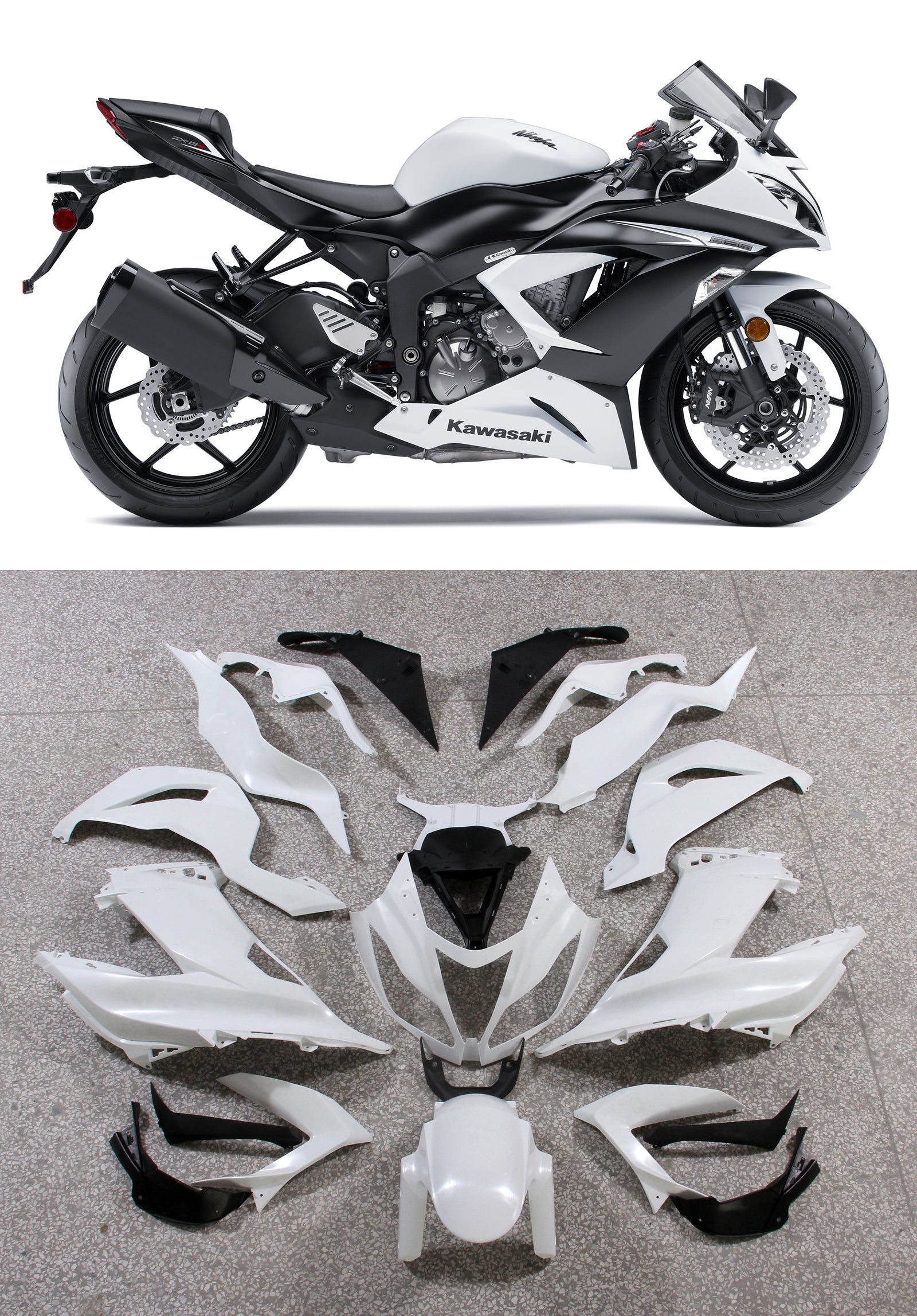 Amotopart 2013–2018 Kawasaki ZX6R Verkleidungsset in Weiß und Schwarz