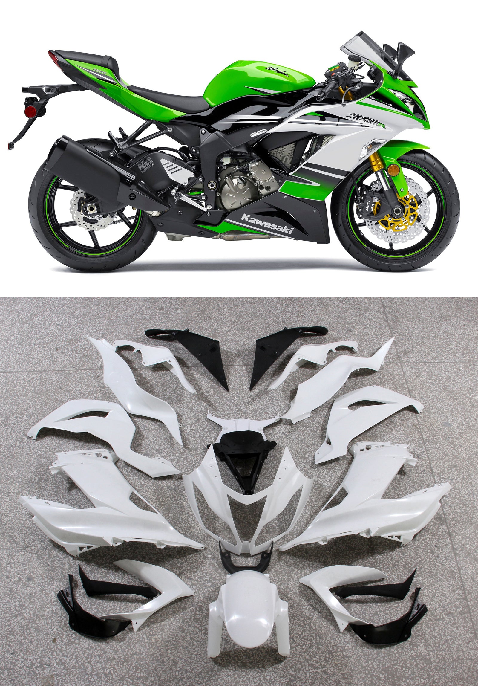 Amotopart 2013–2018 Kawasaki ZX6R Verkleidungsset in Grün und Schwarz