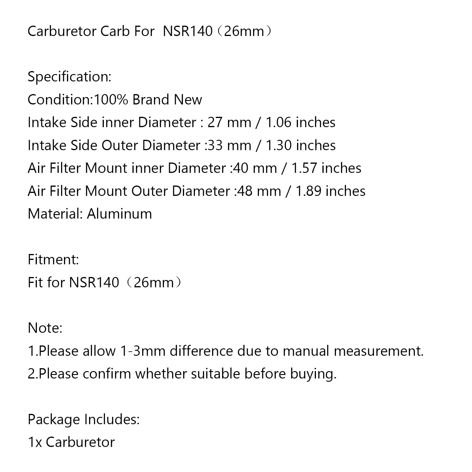 Carburatore PE26 da 26 mm ad alte prestazioni per scooter moto NSR140 ATV generico