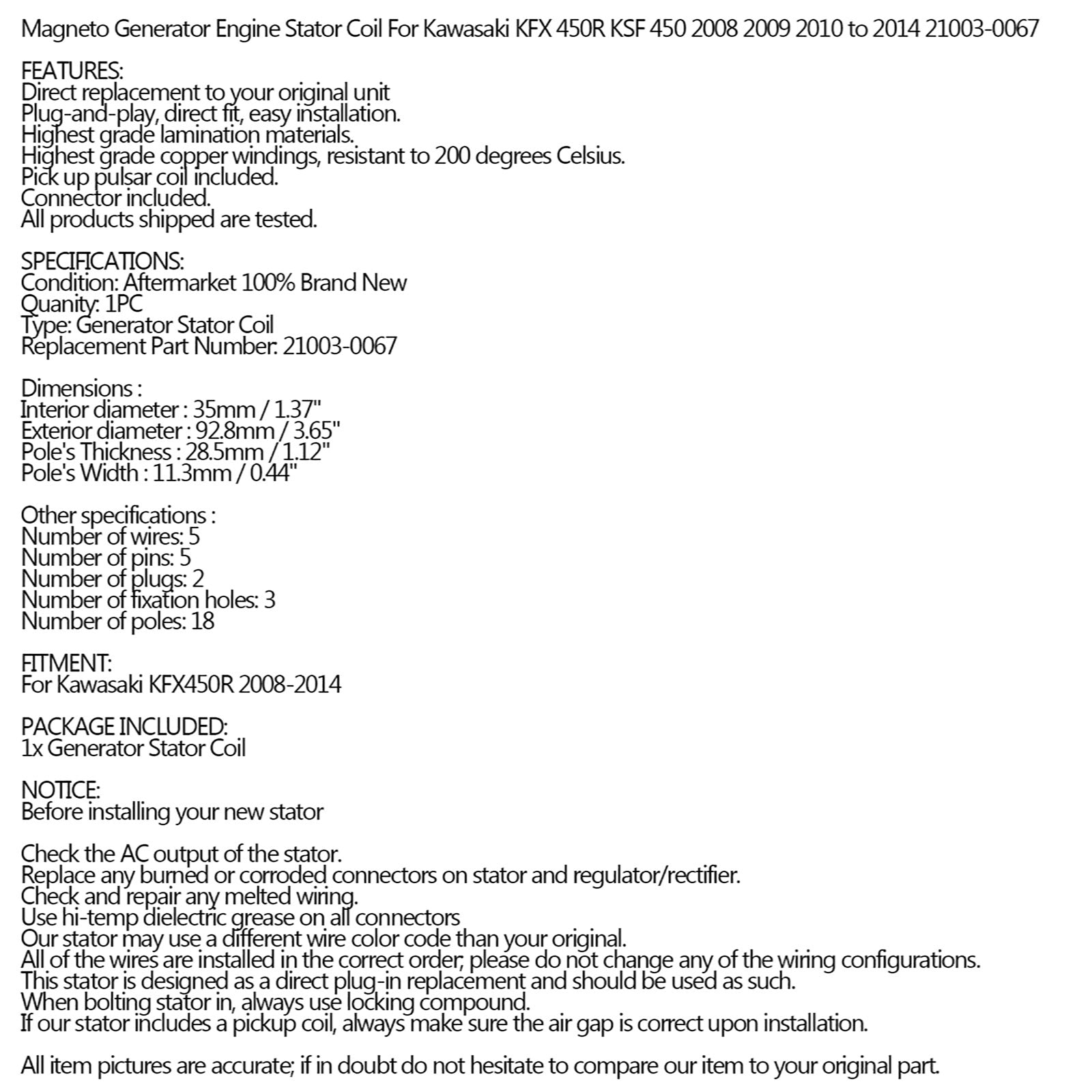 Generator-Statorspule für Kawasaki KFX 450 R KSF 450 2008–2014, Ref. Nr. 21003–0067