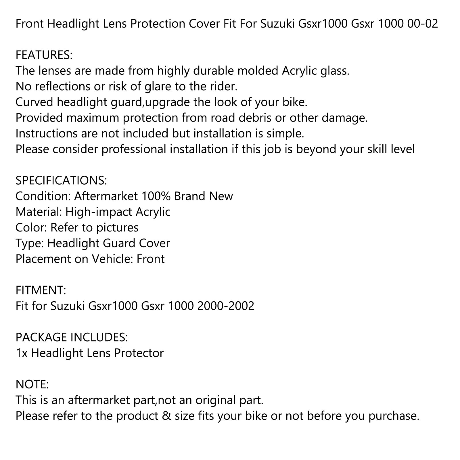 Coperchio di protezione della lente del faro adatto per Suzuki Gsxr1000 Gsxr 1000 00-02 Blu generico