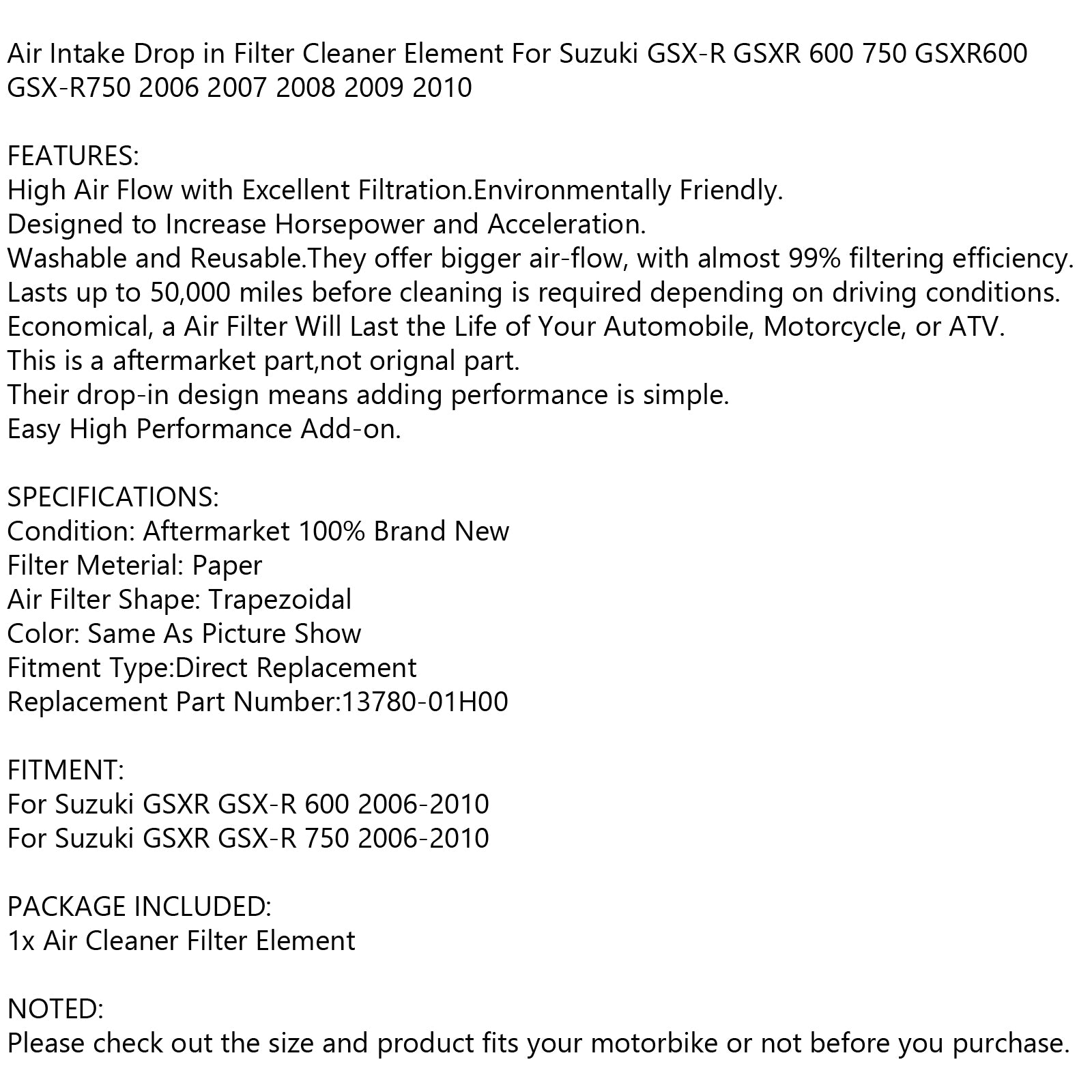 Air Filter Cleaner Fit For Suzuki GSX-R GSXR 600 750 2006-2010 K6-L0 13780-01H00
