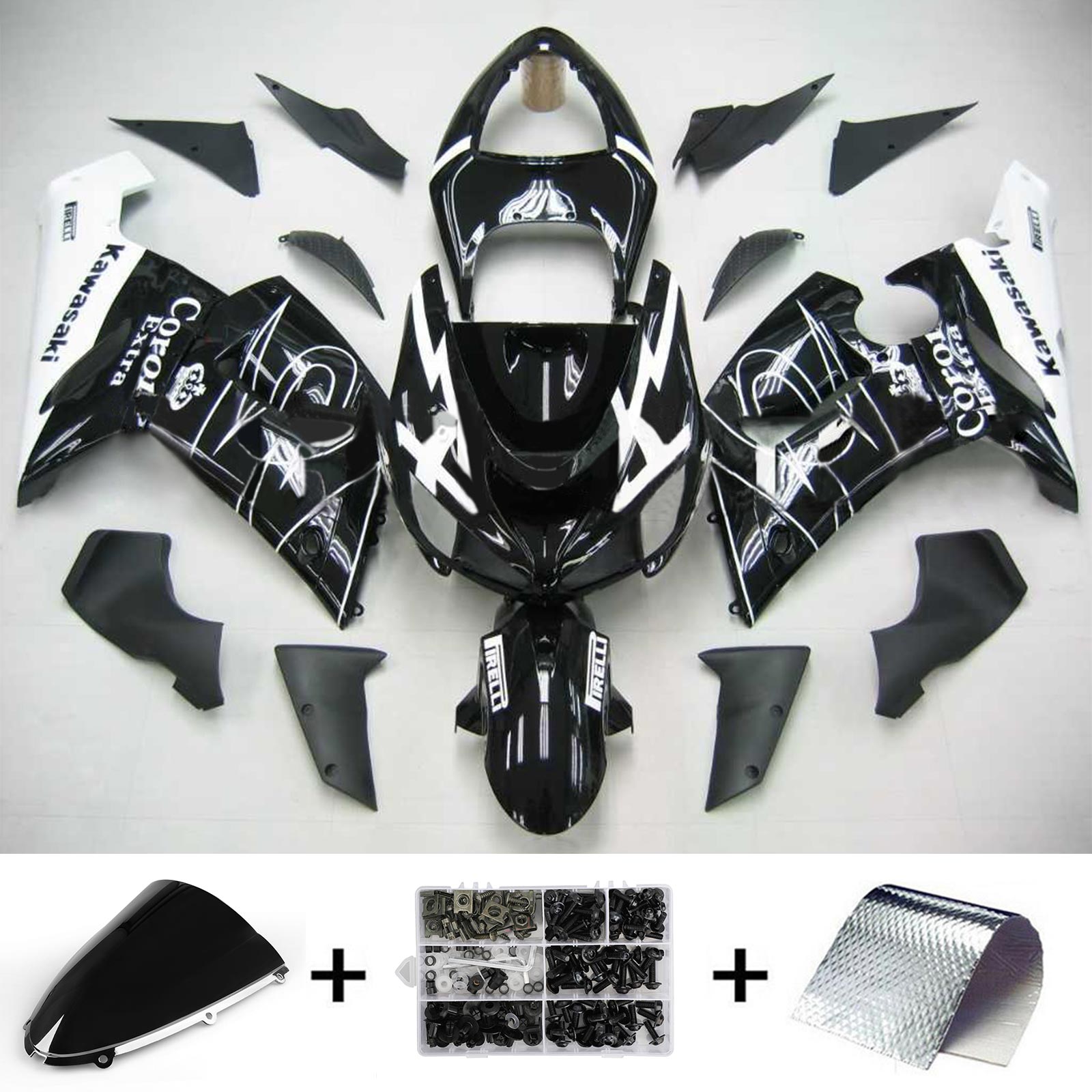 Amotopart Verkleidungsset für Kawasaki 2005–2006 ZX6R 636, Schwarz-Weiß-Mix