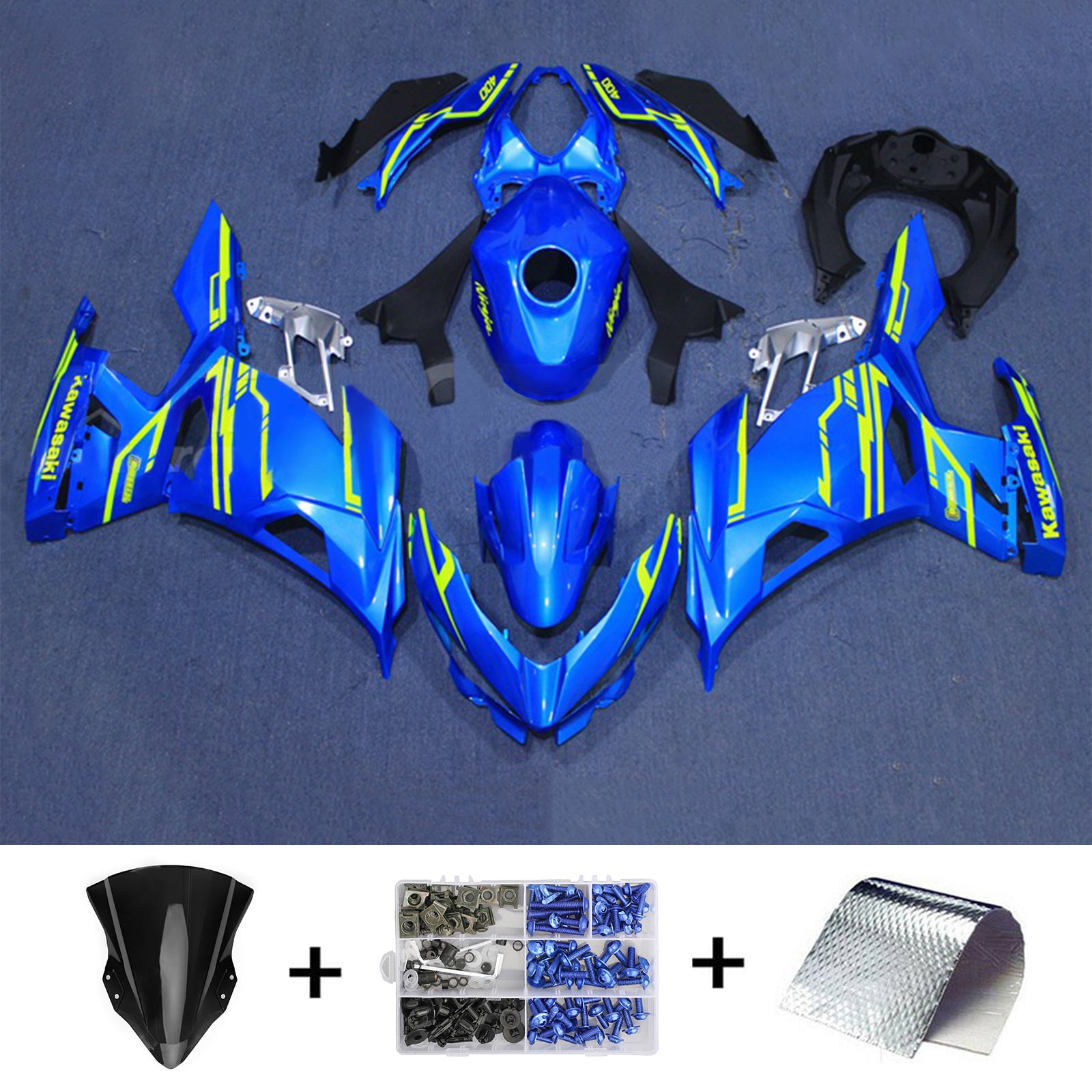 Kit de carénage Amotopart Kawasaki 2018-2024 EX400/Ninja400 bleu jaune