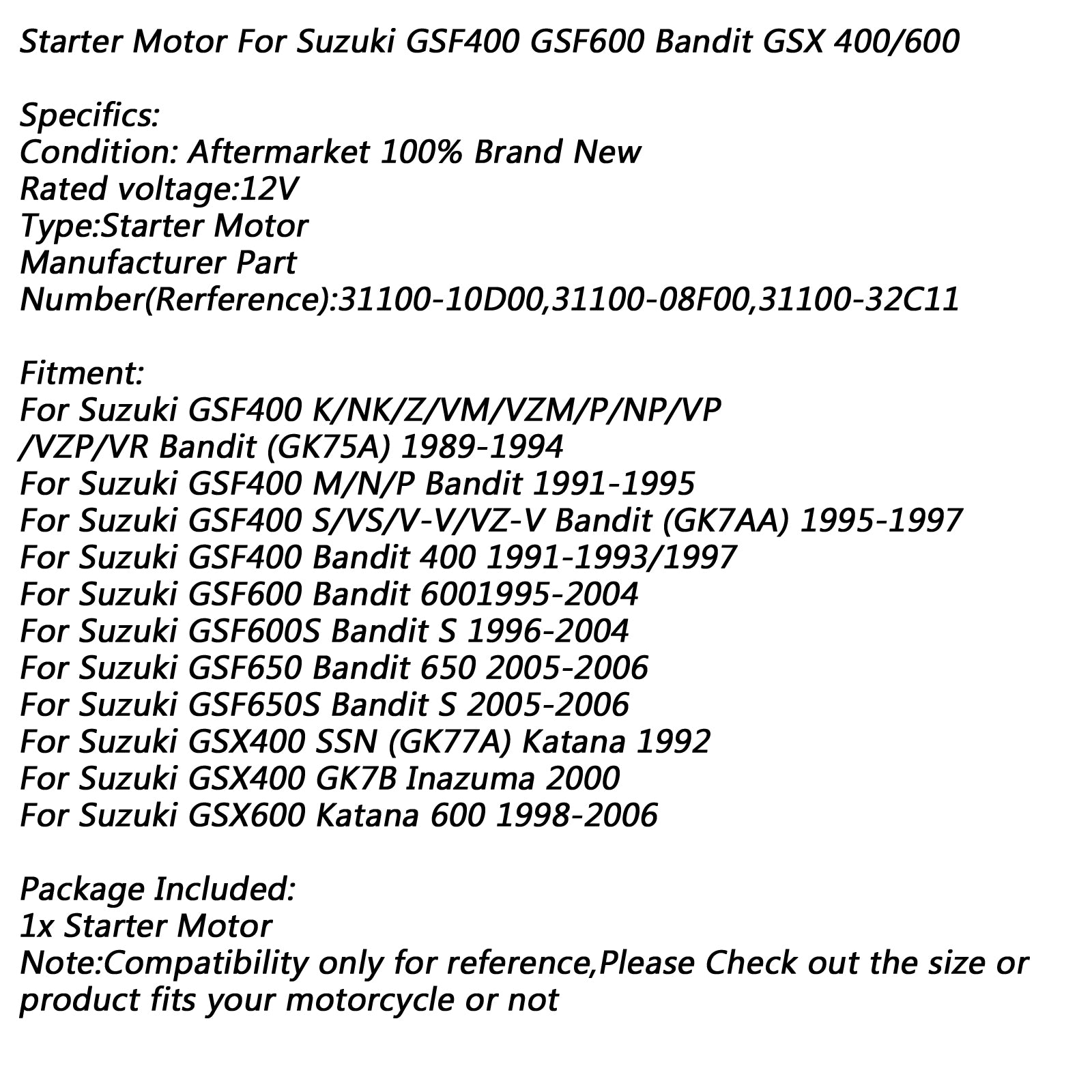 Elektrischer Anlasser für Suzuki GSF400 91-95 GSF600 Bandit GSX 400 600 GSF650