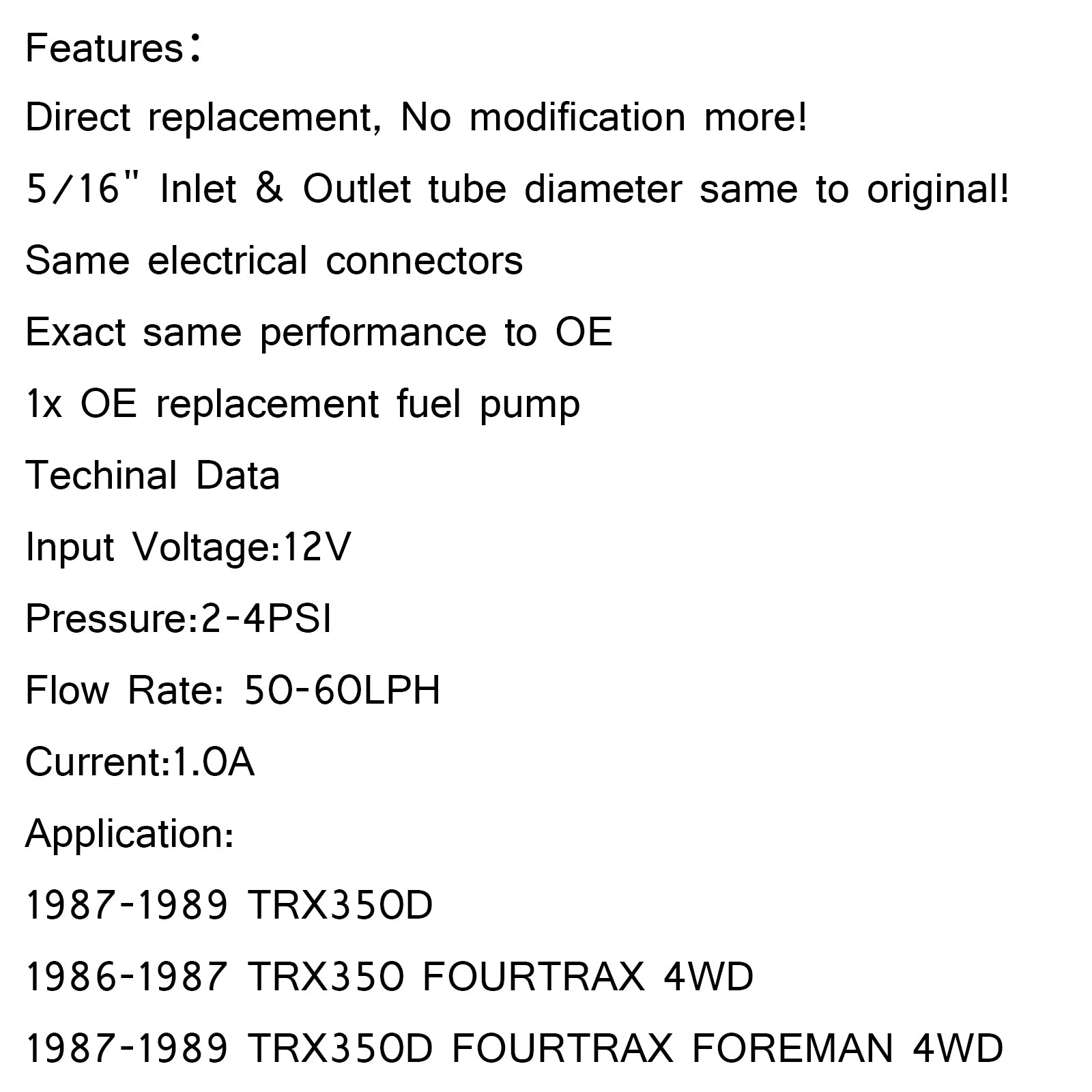 Fuel Pump For Honda FOURTRAX 350 TRX350 4X4 1986-1987 16710-HA7-672