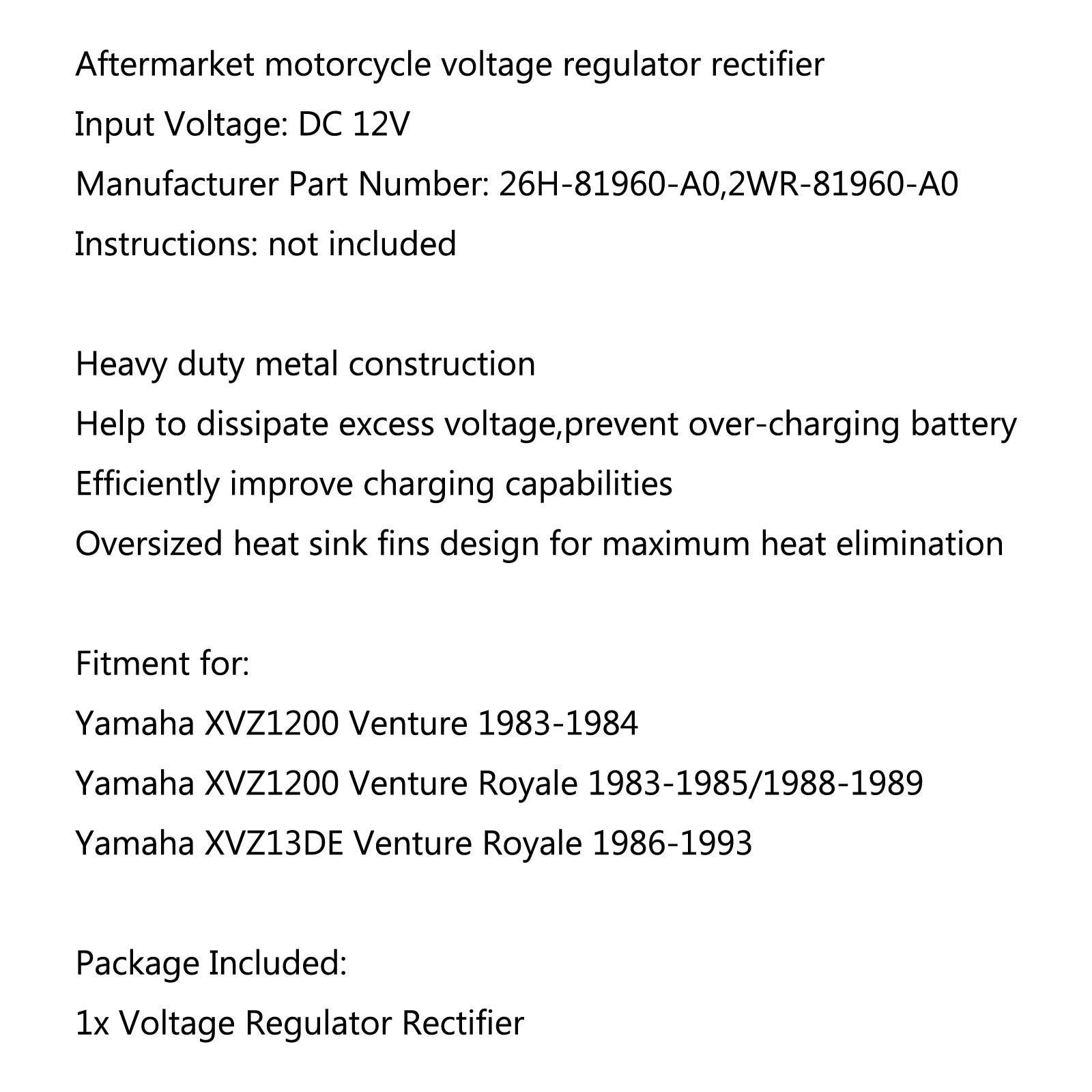 Rectificador regulador de voltaje para Yamaha XVZ13DE Venture Royale 1986-1993