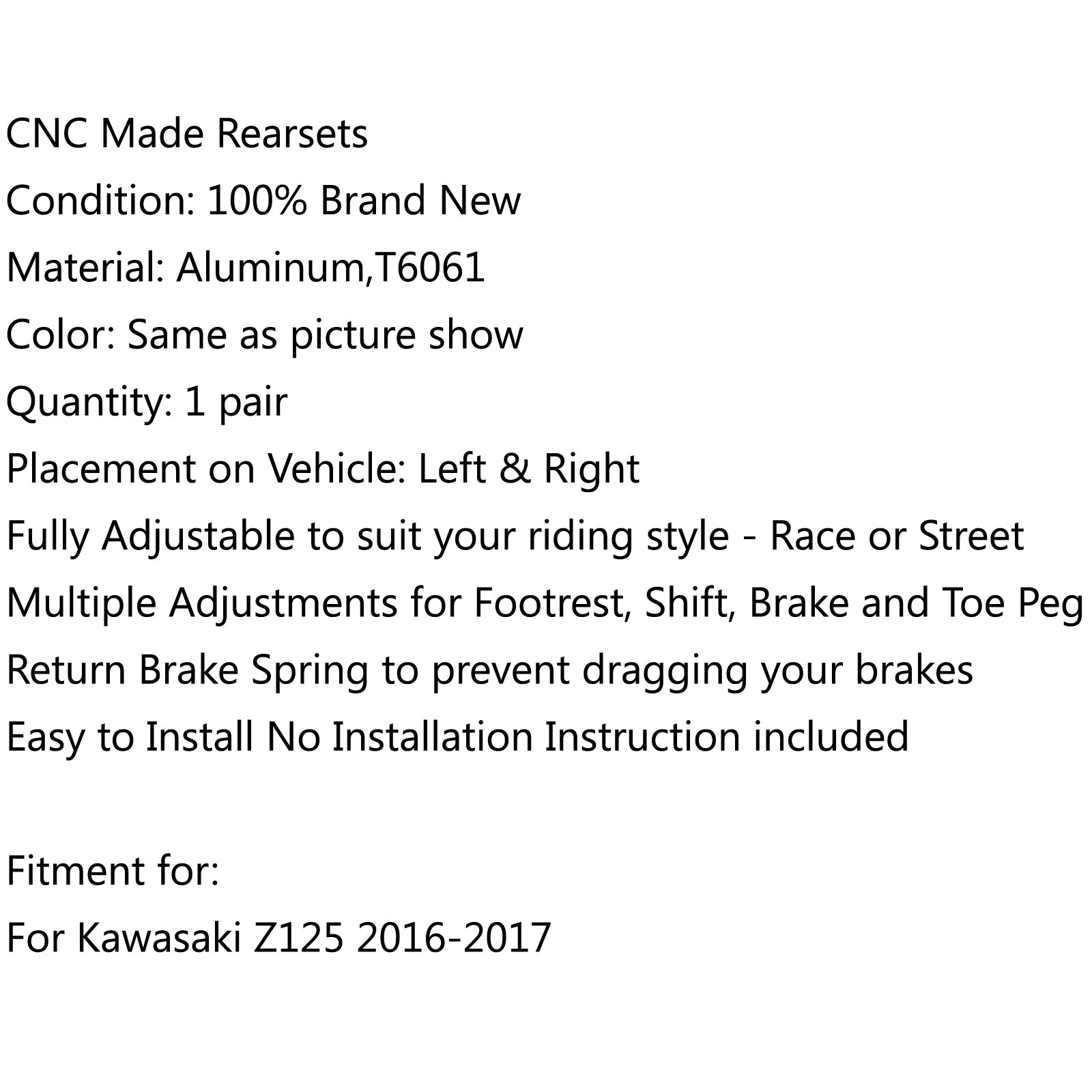 CNC-verstellbare Fußrastenanlage, Fußstütze, Fußraste, passend für Kawasaki Z125 2016–2019