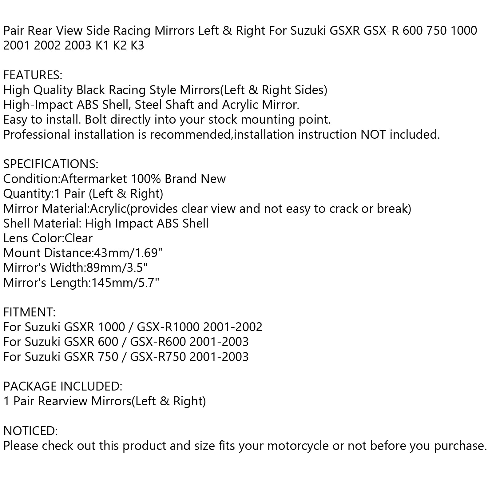 Black Racing Mirrors For Suzuki GSXR GSX-R 600 750 1000 K1 K2 K3 2001 2002 2003 Generic