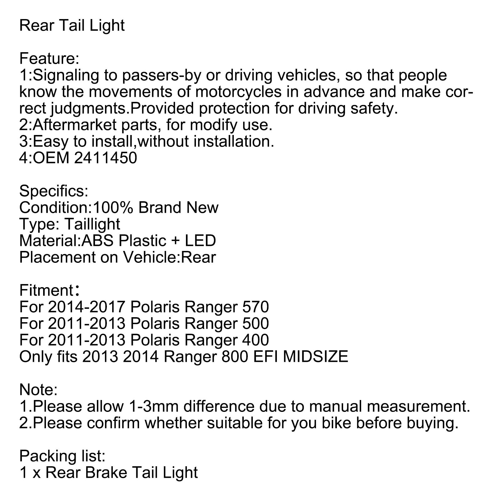 UTV Rear Tail Light 2411450 For Polaris Ranger 400 500 570 800 2011-2017 Generic