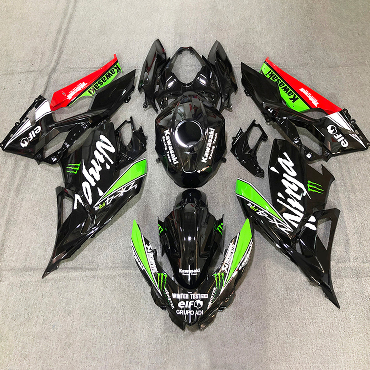 Amotopart Verkleidungsset für Kawasaki 2018–2023 EX400/Ninja400, Schwarz, Grün