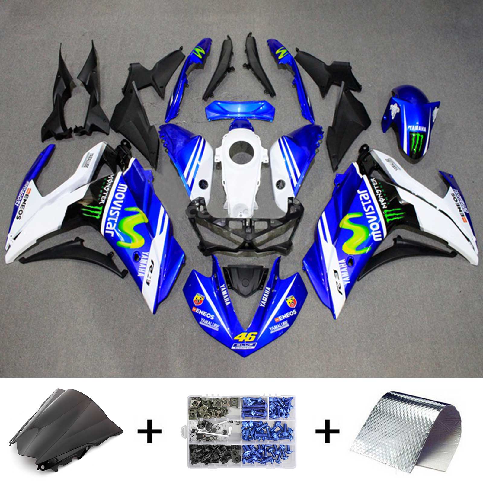 Kit de carenado Amotopart Yamaha 2014-2018 YZF R3 y 2015-2017 YZF R25 Kit de carenado azul blanco