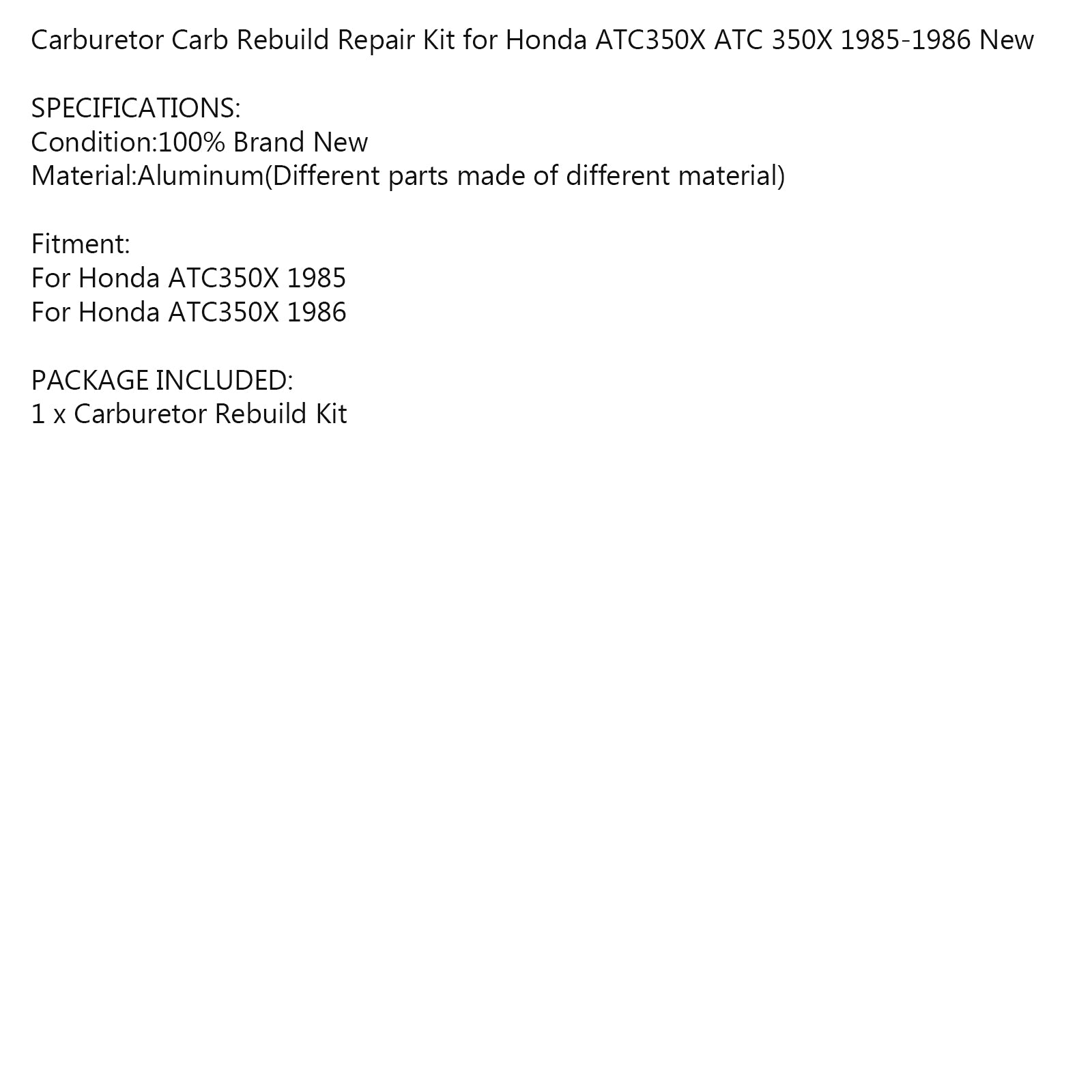 Kit de réparation de reconstruction de carburateur, pour Honda ATC350X ATC 350X1985 1986 ATV, nouveau