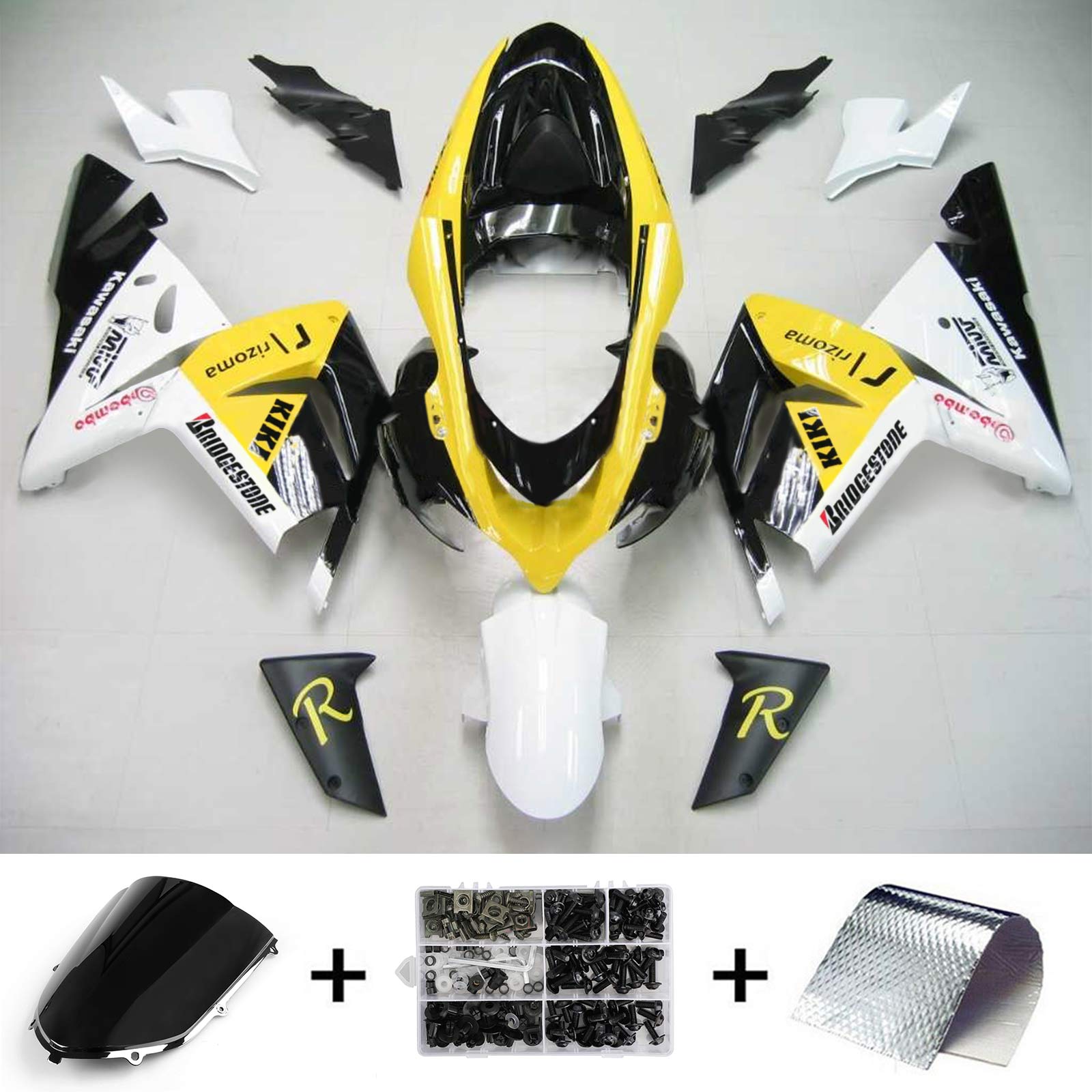 Amotopart Kawasaki 2004-2005 ZX10R Zwart Witgele kuipkit