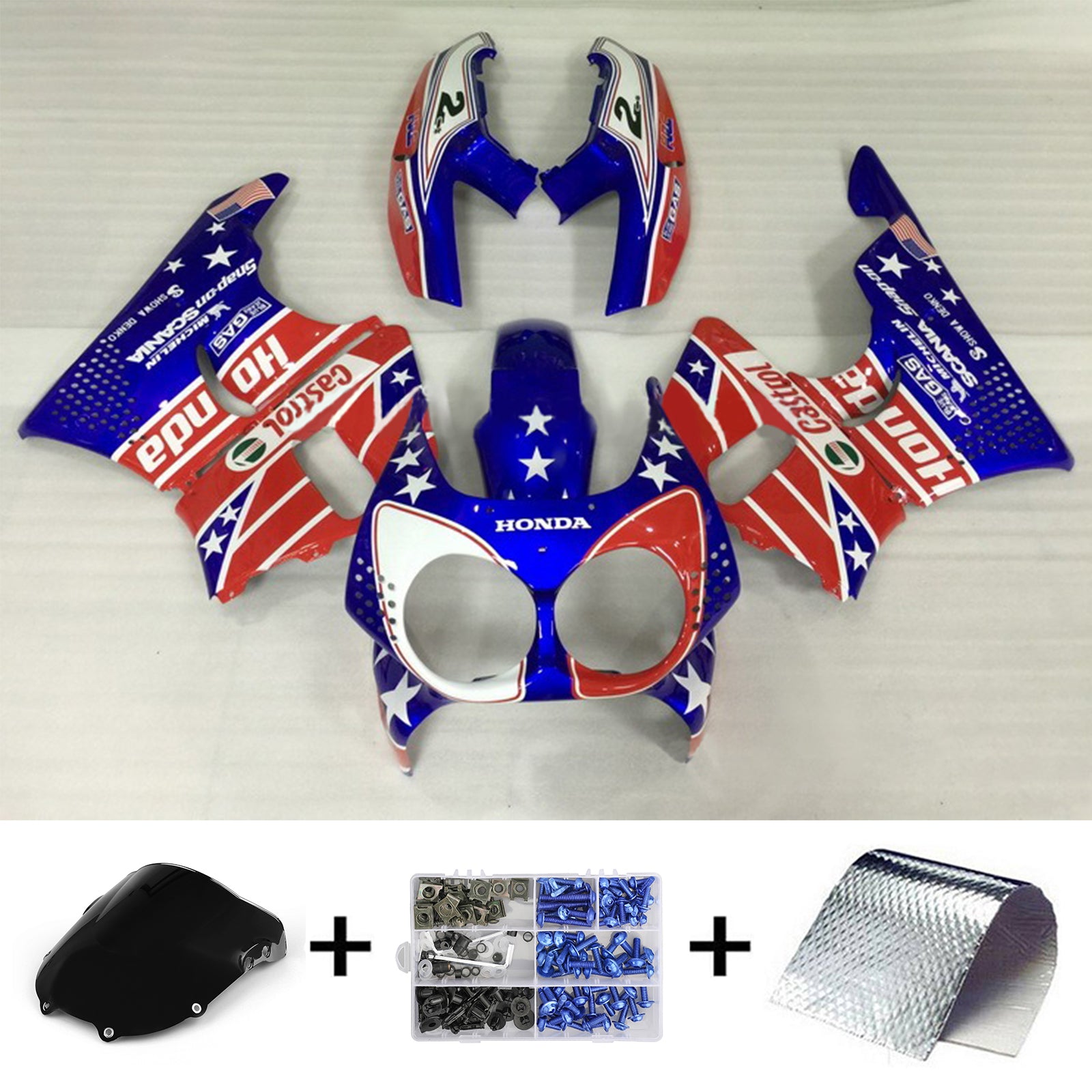 Amotopart 1992-1993 Honda CBR900RR 893 Carena Blu&amp;Rosso Castrol Kit