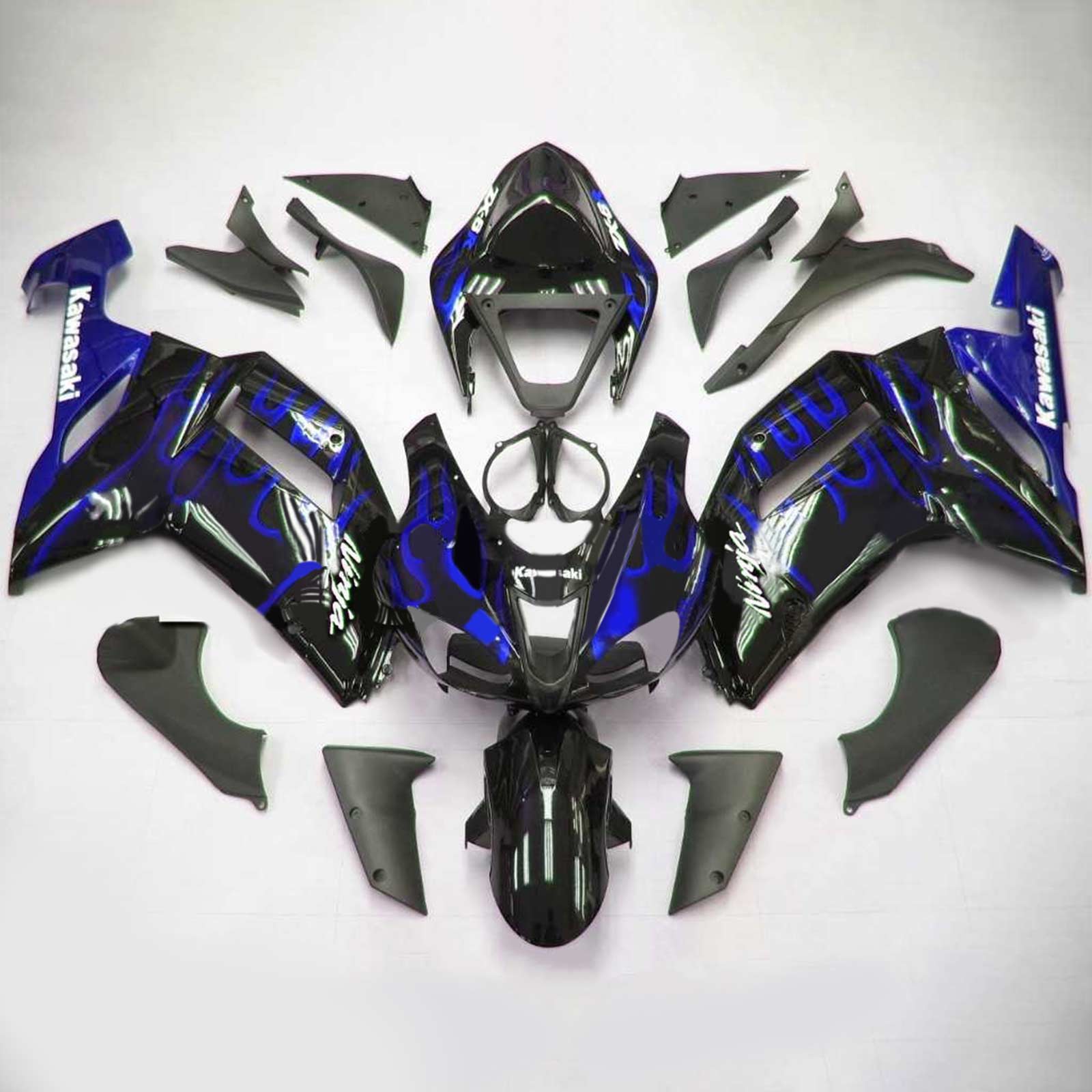 Amotopart Kawasaki 2007–2008 ZX6R 636 Schwarz mit Blue Line Verkleidungsset