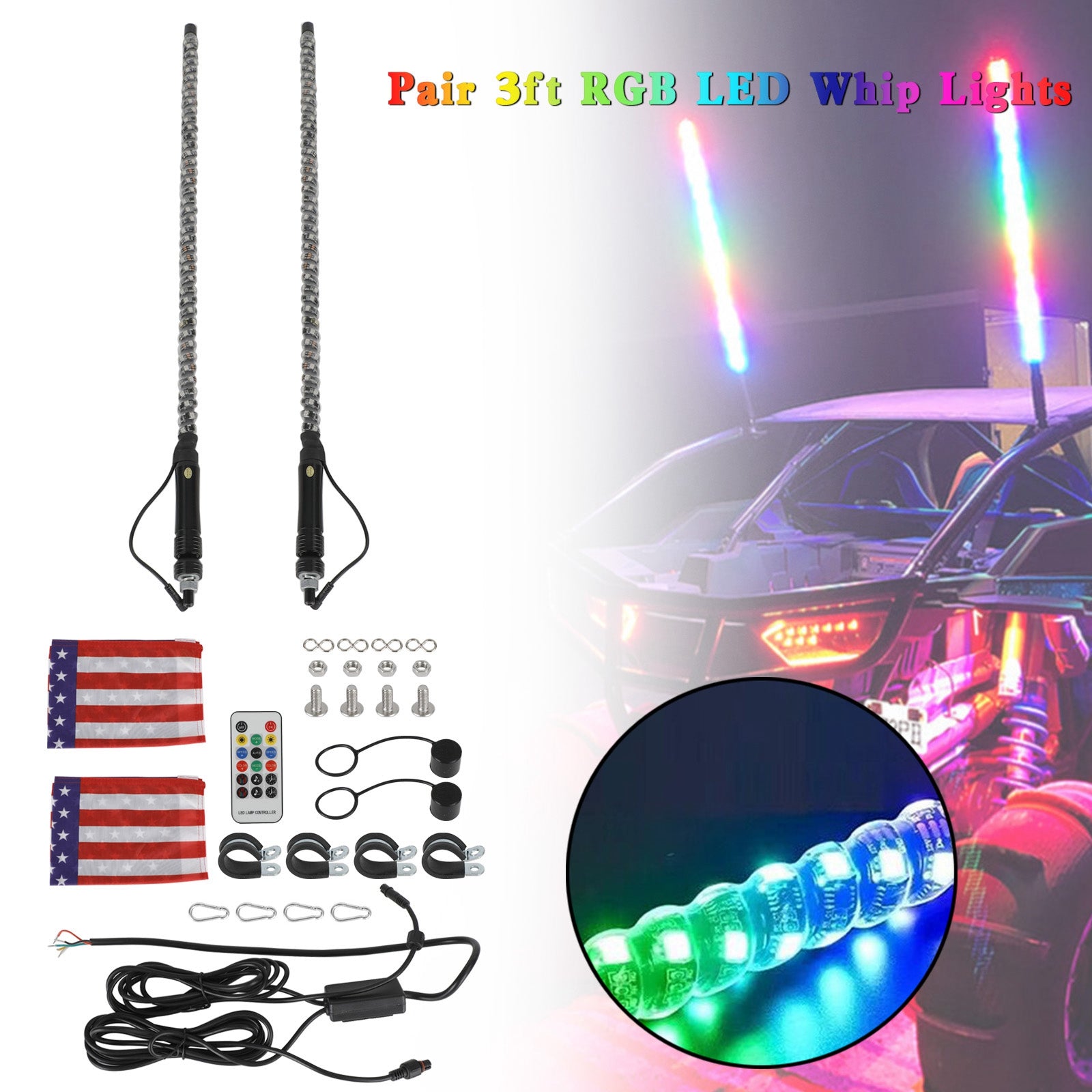 Polaris RZR UTV ATV 2X 3ft RGB LED Whip Lights Antenna W/ Flag Remote Control