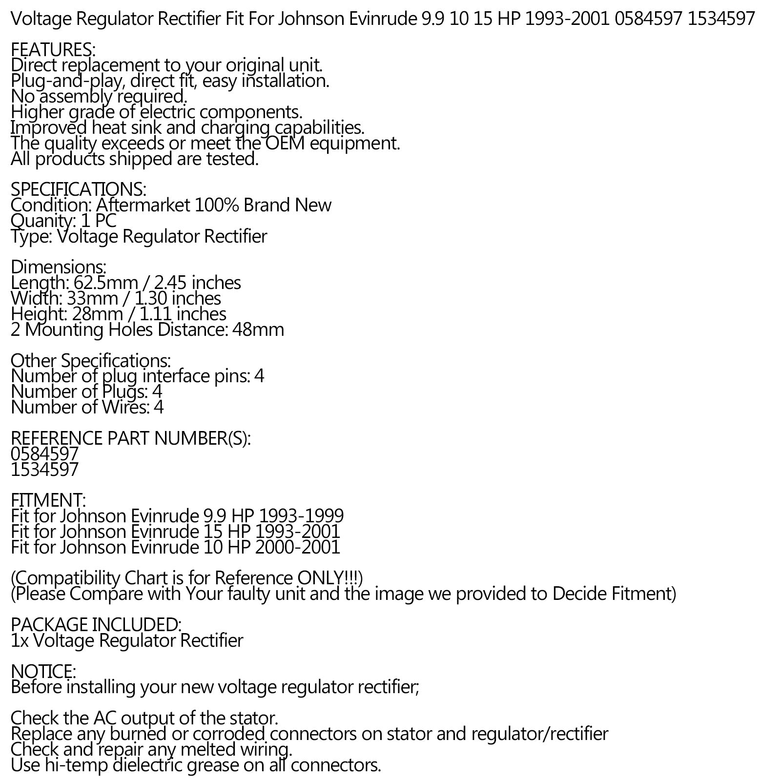 Rectifier Regulator Fit for Johnson/Evinrude 9.9-15hp 4-stroke 0584597 0584597 Generic