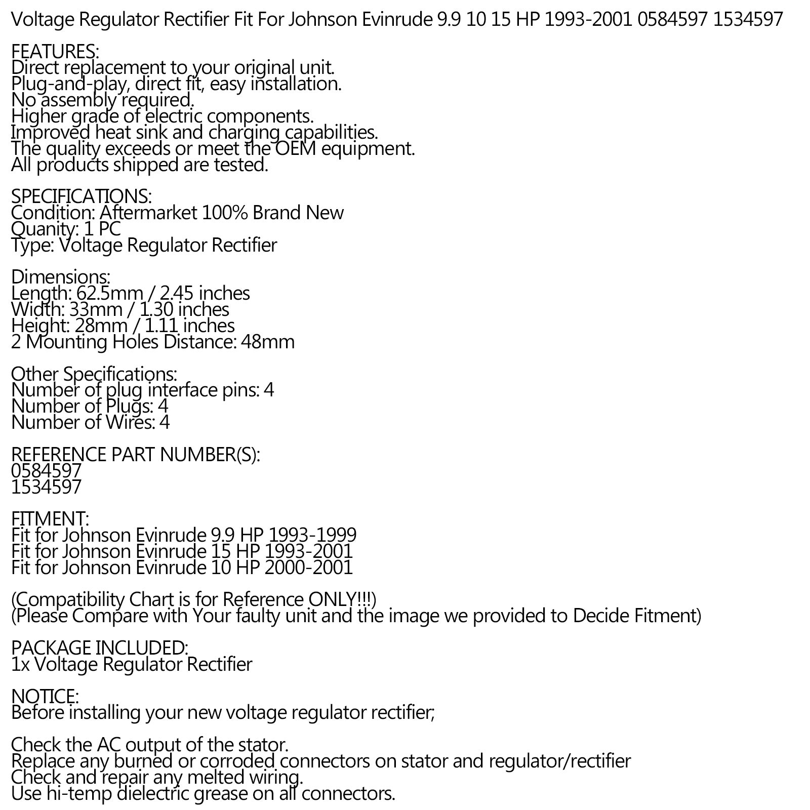 Raddrizzatore regolatore adatto per Johnson/Evinrude 9,9-15 CV 4 tempi 0584597 0584597 Generico
