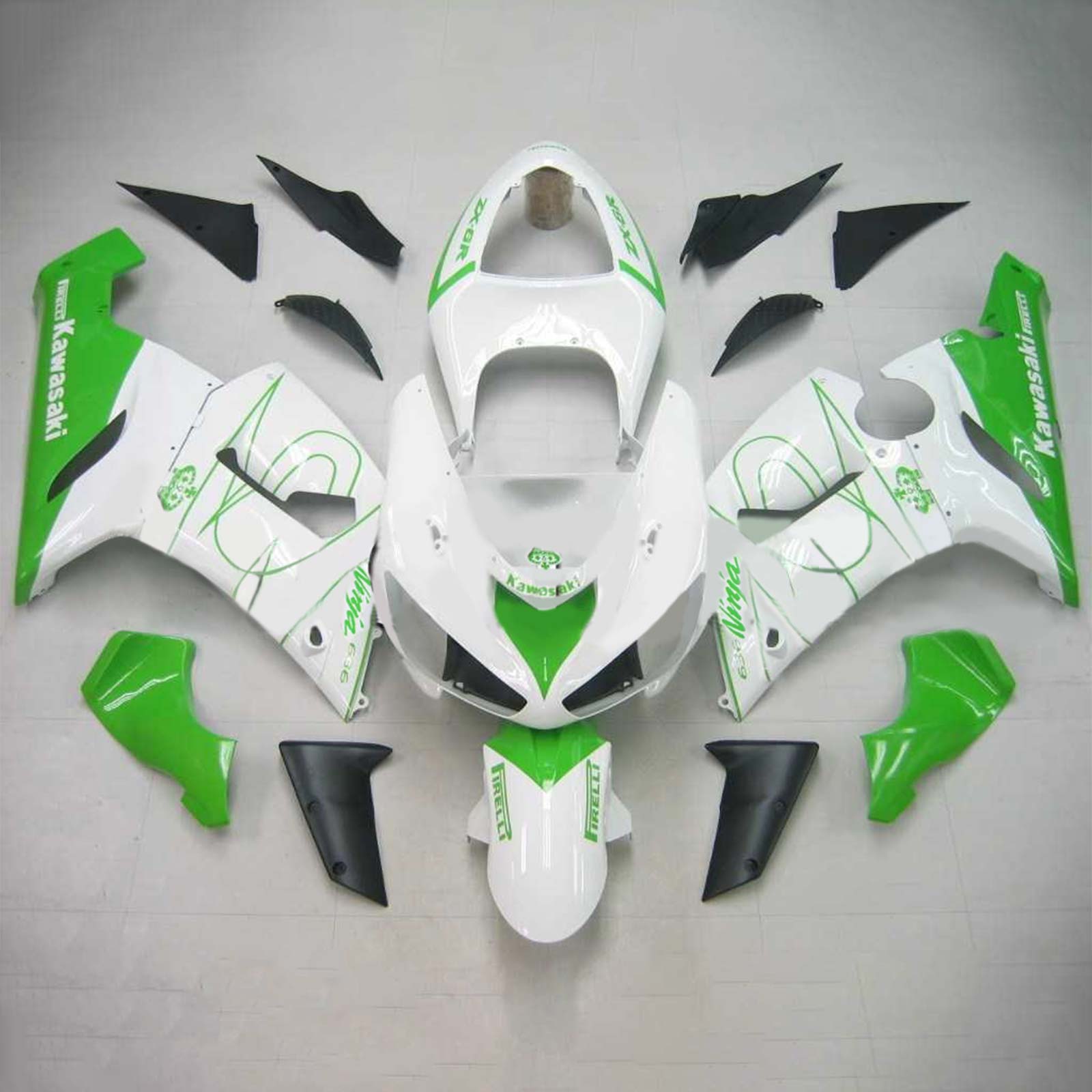 Amotopart Kawasaki 2005–2006 ZX6R 636 Green Line White Verkleidungsset