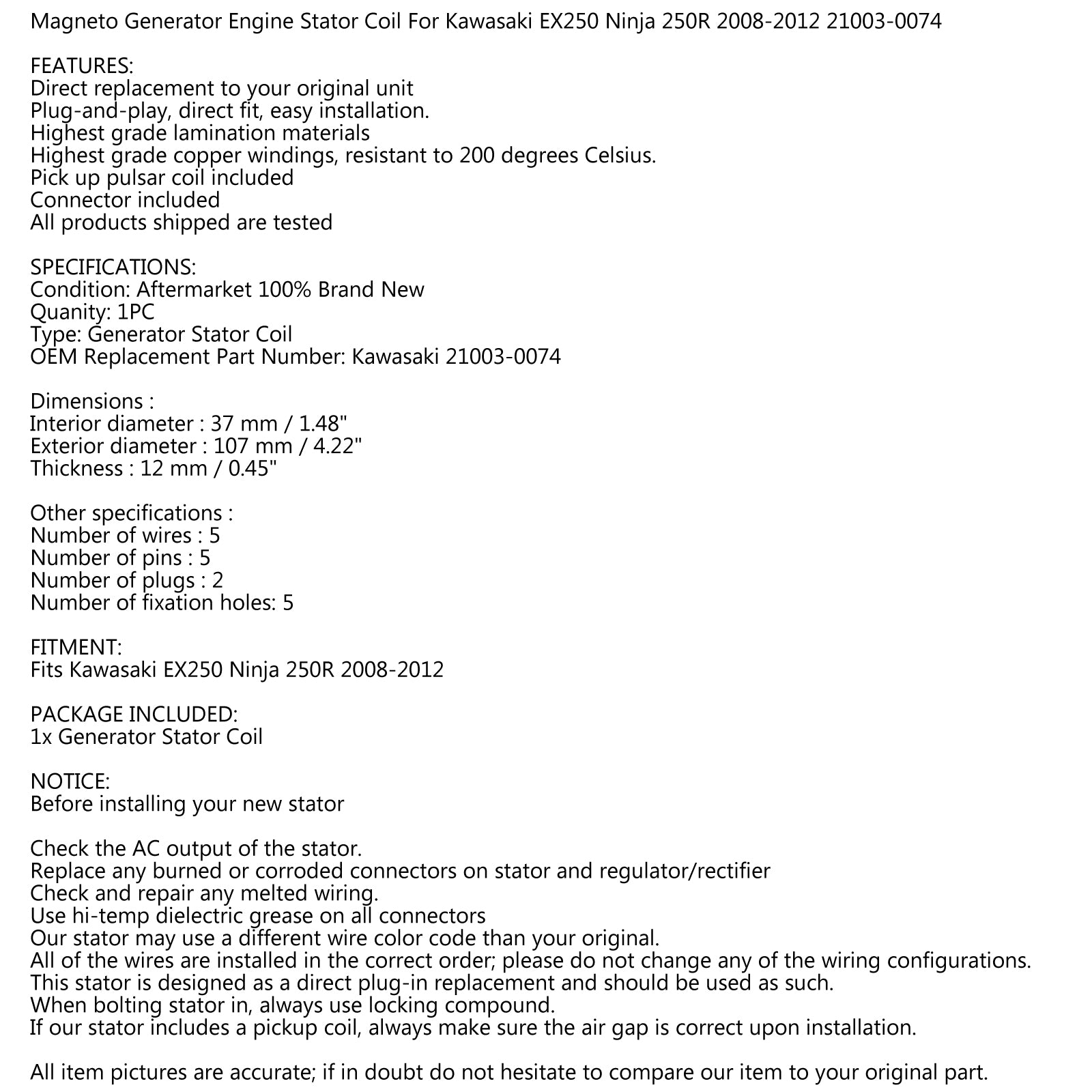 Magneto Generator Stator Coil For Kawasaki EX250 Ninja 250R 2008-12 21003-0074 via fedex