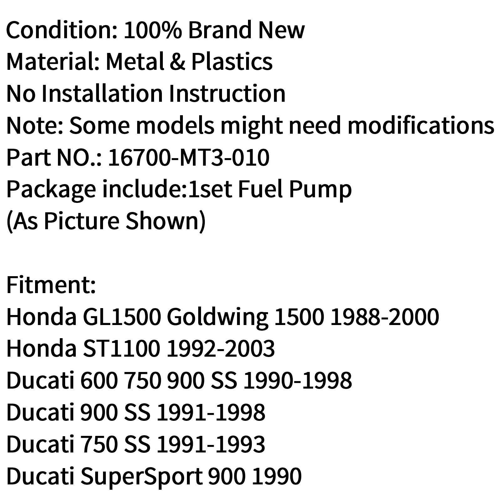 GRUPPO POMPA CARBURANTE Adatto per Honda ST1100 GL1500 Goldwing 1988-2003 16700-MT3-010