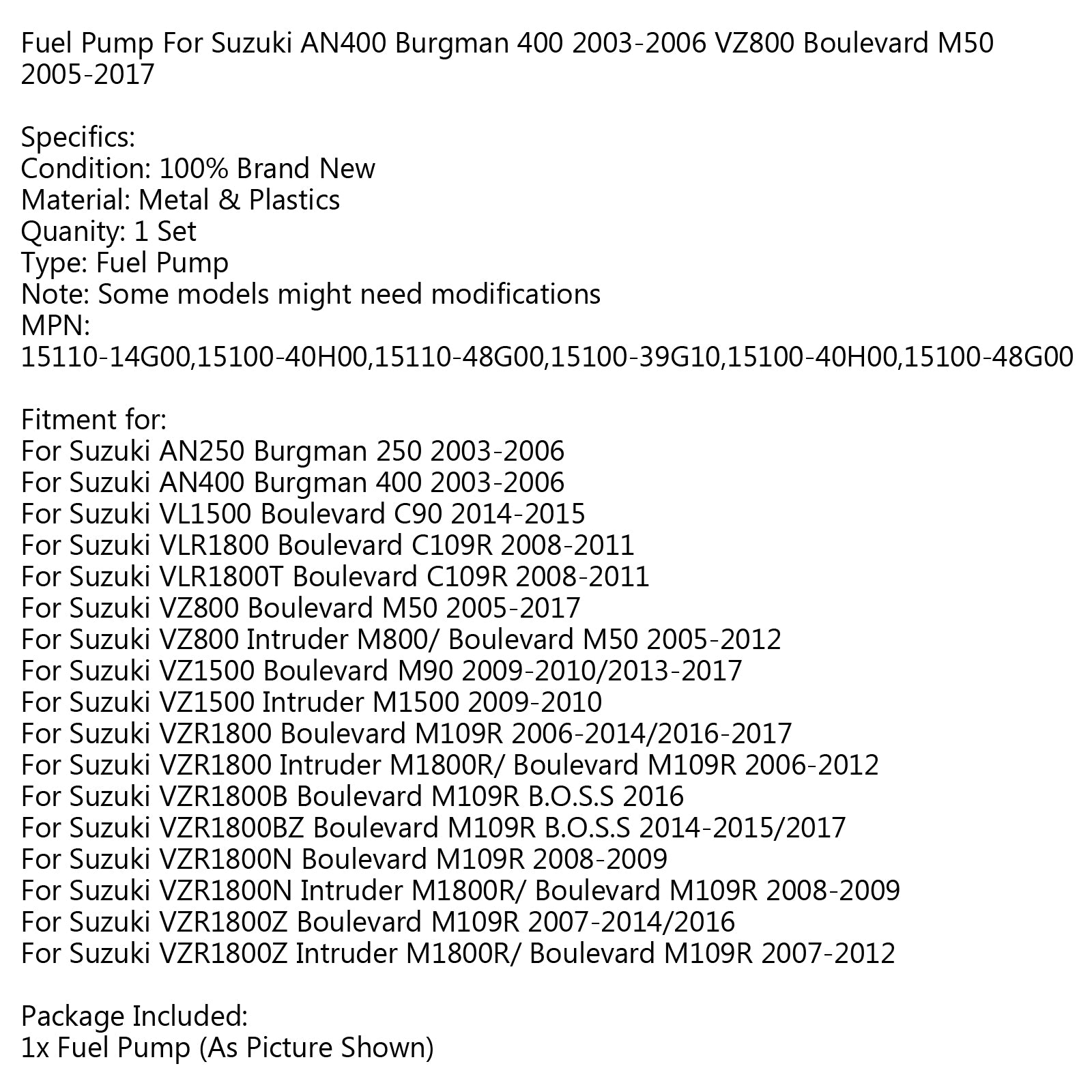 Fuel Pump For Suzuki AN400 Burgman 400 2003-2006 VZ800 Boulevard M50 2005-2017