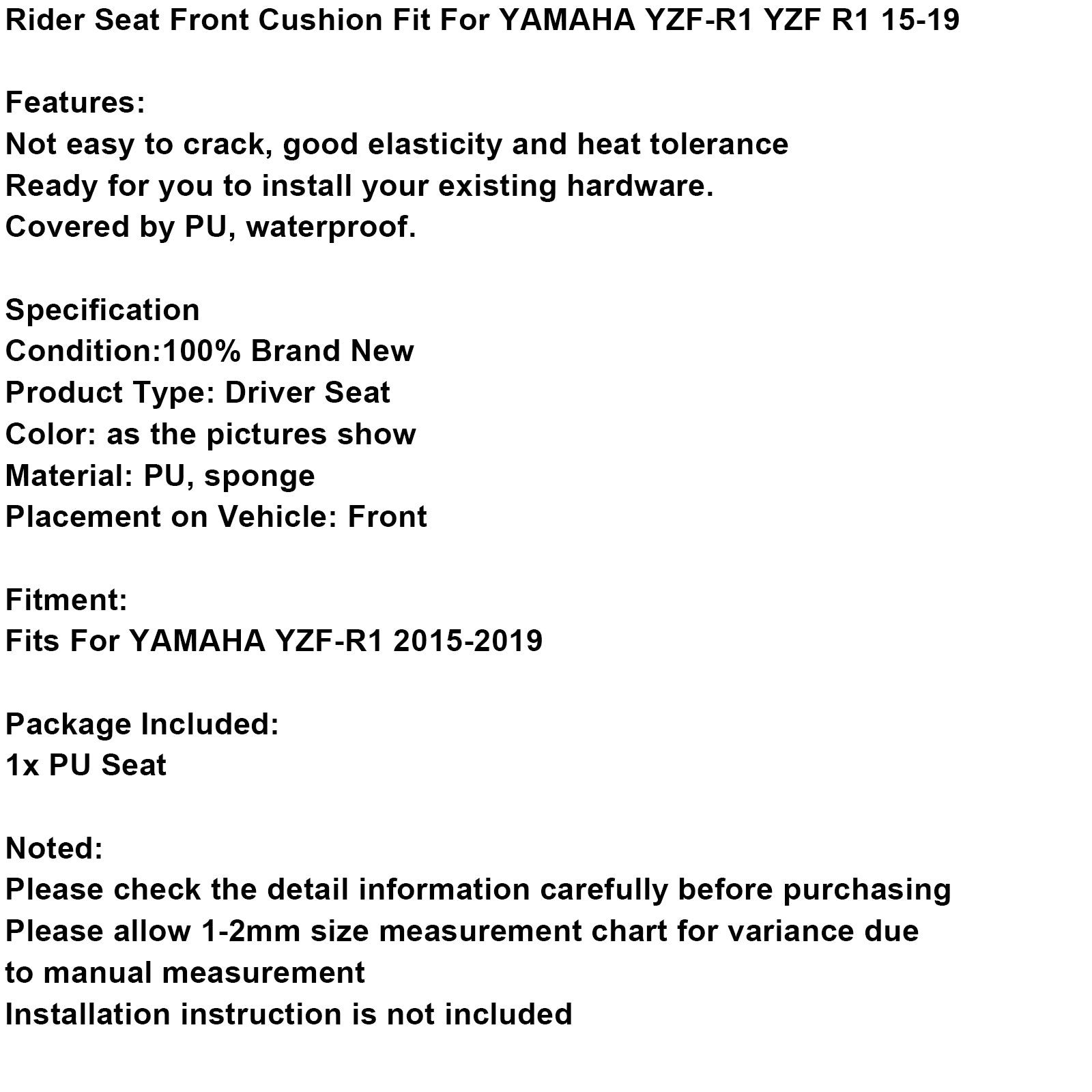 Fahrer-Beifahrersitz vorne hinten Kissen passend für Yamaha Yzf-R1 Yzf R1 15–19