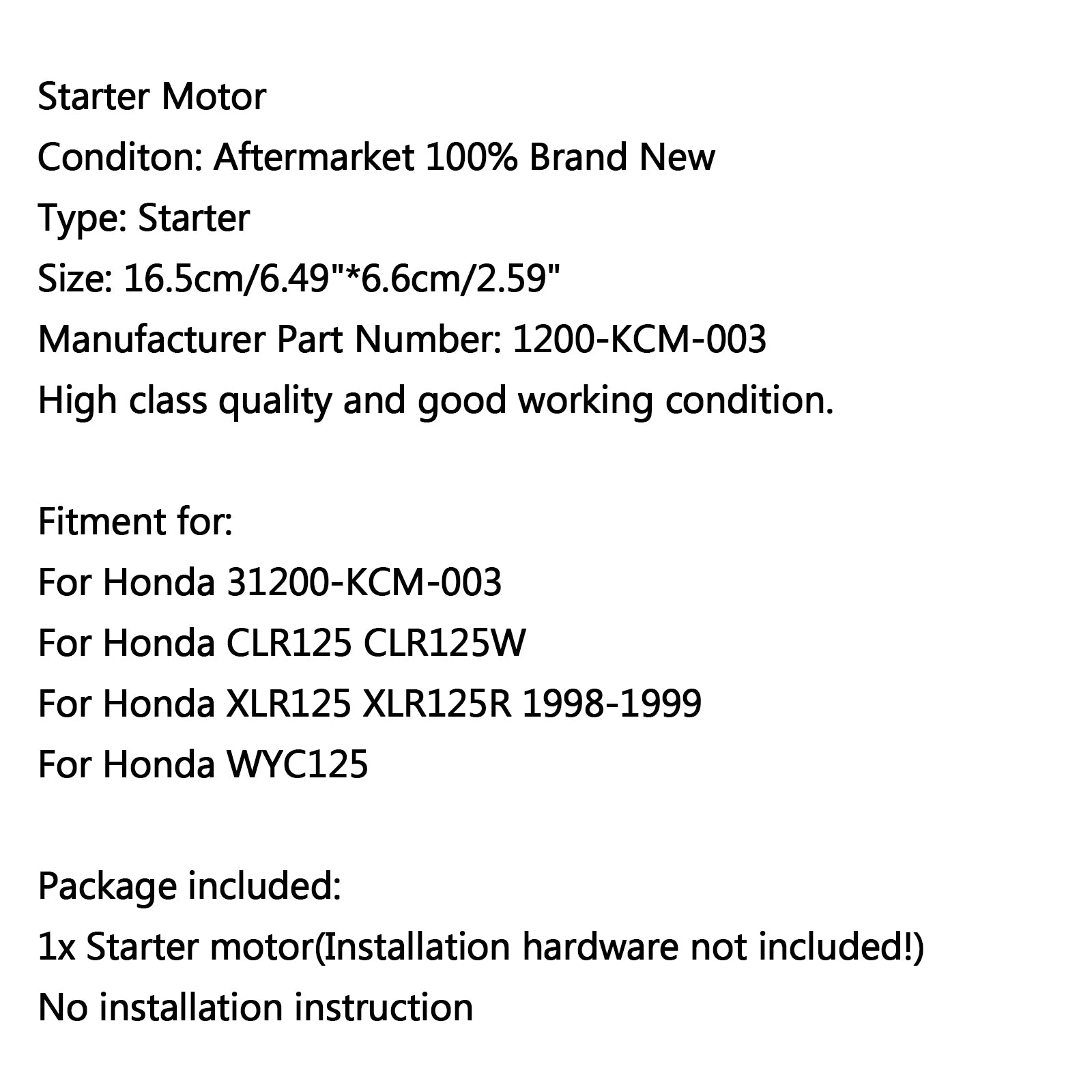 Motorstarter für Honda CLR125 CLR125W XLR125 XLR125R 1998-1999 WYC125