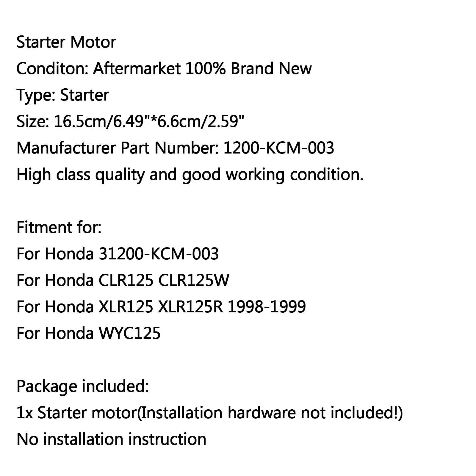 Avviamento motore per Honda CLR125 CLR125W XLR125 XLR125R 1998-1999 WYC125