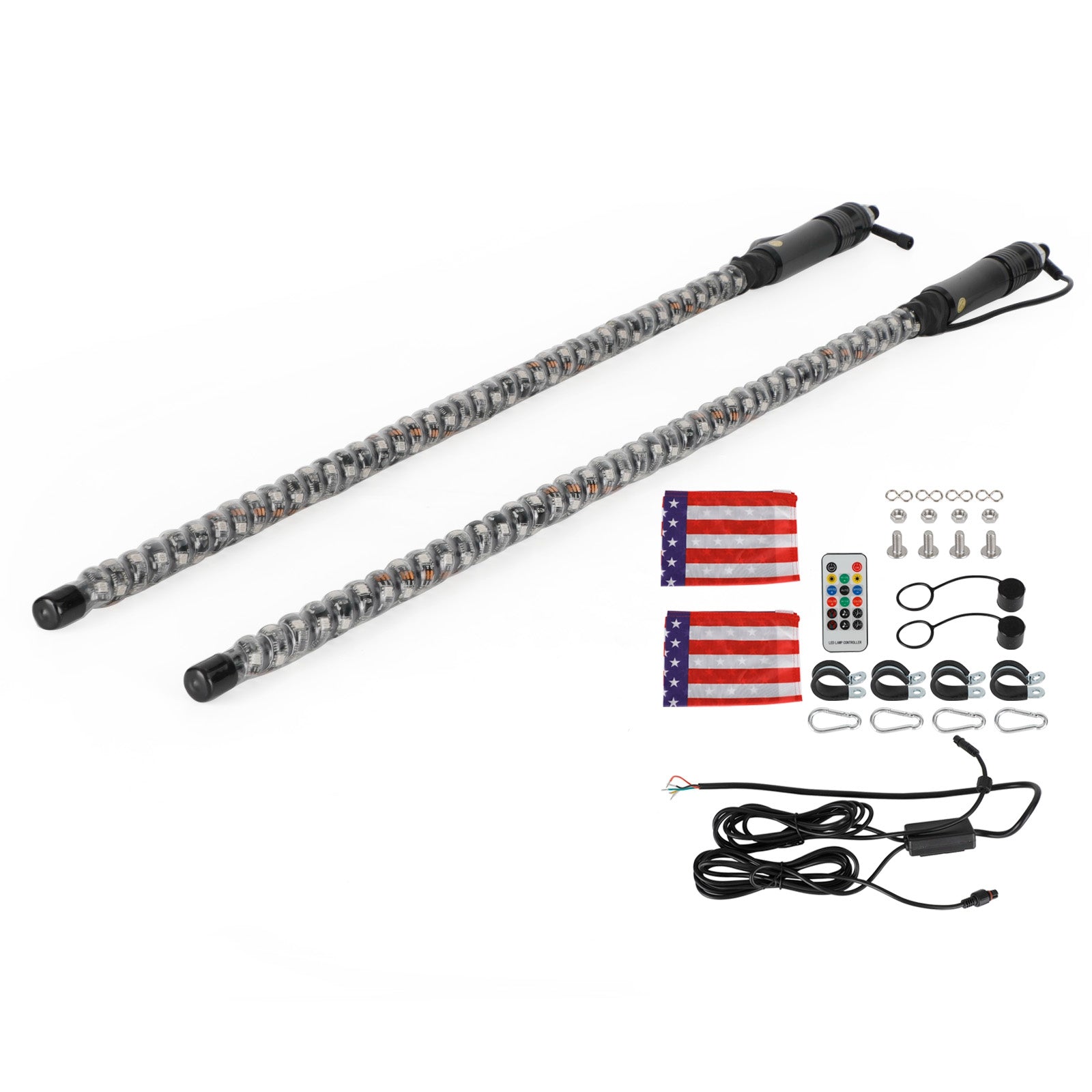 Polaris RZR UTV ATV 2X 3ft RGB LED Whip Lights Antenna W/ Flag Remote Control