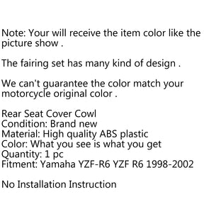Rear Pillion Seat Cowl Fairing Cover For Yamaha YZF R6 1998-2002 1999