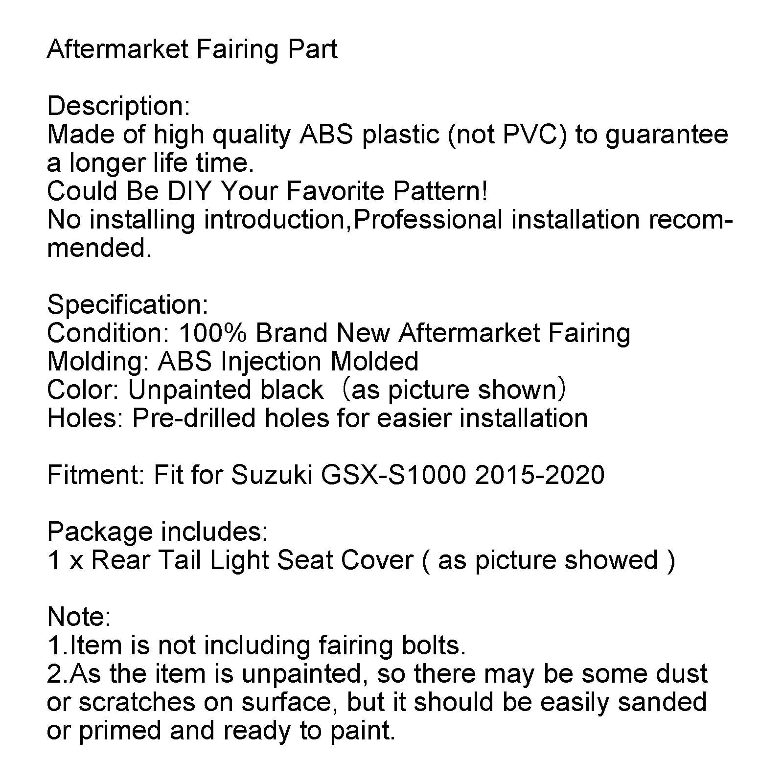 Carenatura coprisella fanale posteriore non verniciata per Suzuki GSX-S 1000 2015-2020 generico