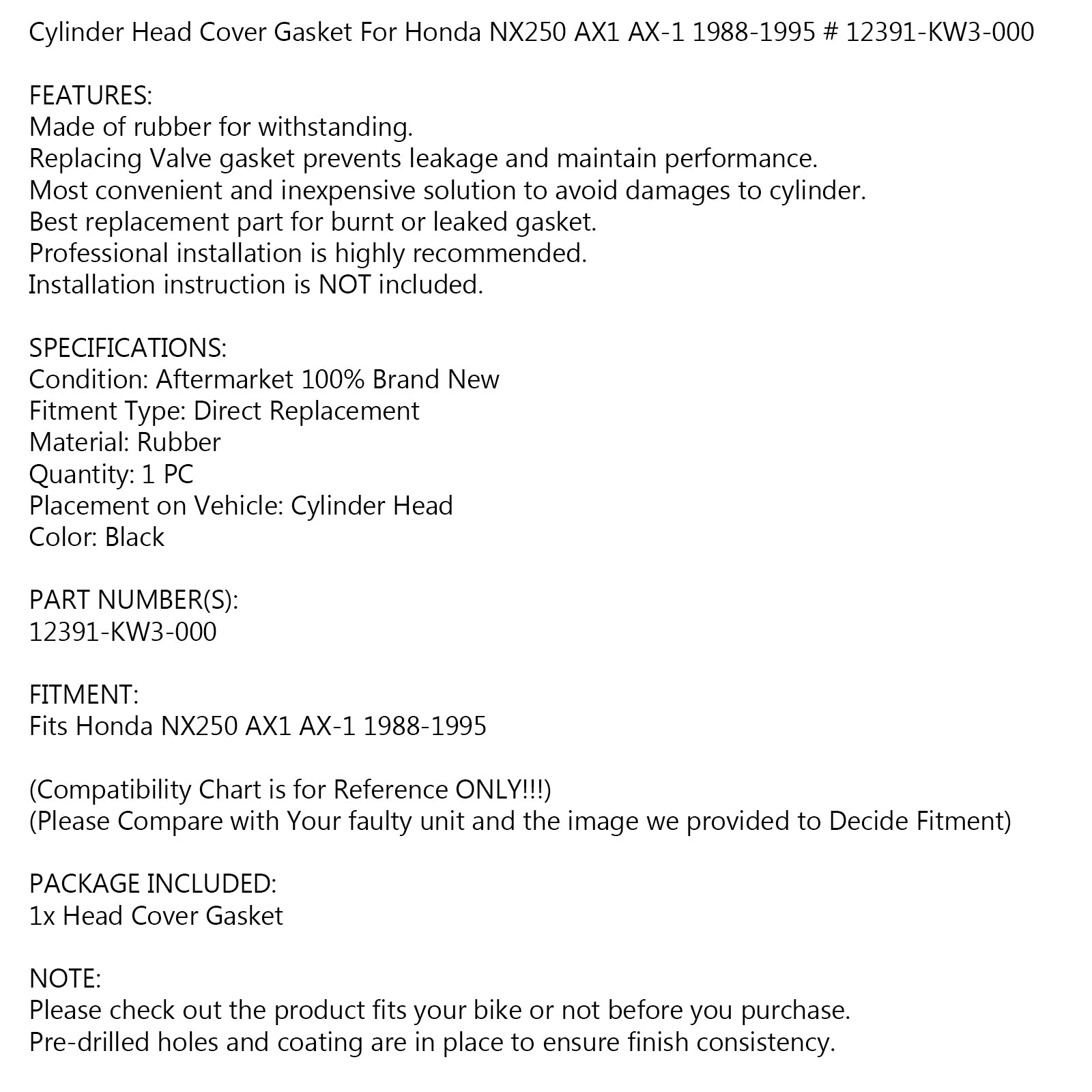 Valve Cover Gasket Seal for Honda NX 250 NX250 AX-1 AX1 1988-1995 #12391-KW3-000