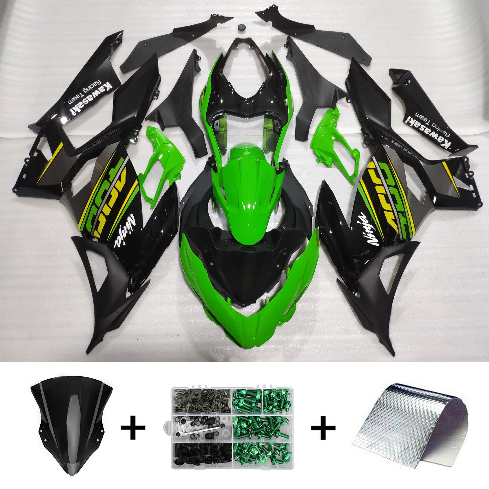 Amotopart Kawasaki 2018-2024 EX400/Ninja400 negro con kit de carenado verde