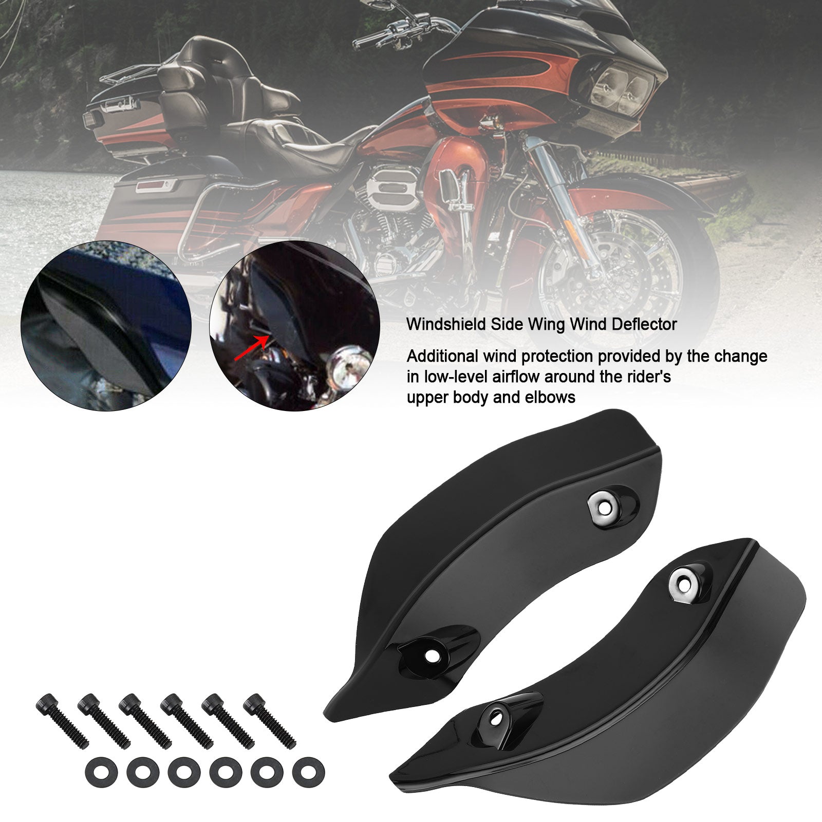 Deflector de viento de ala lateral del parabrisas de carenado para Touring Road Glide 2015-2021 negro genérico