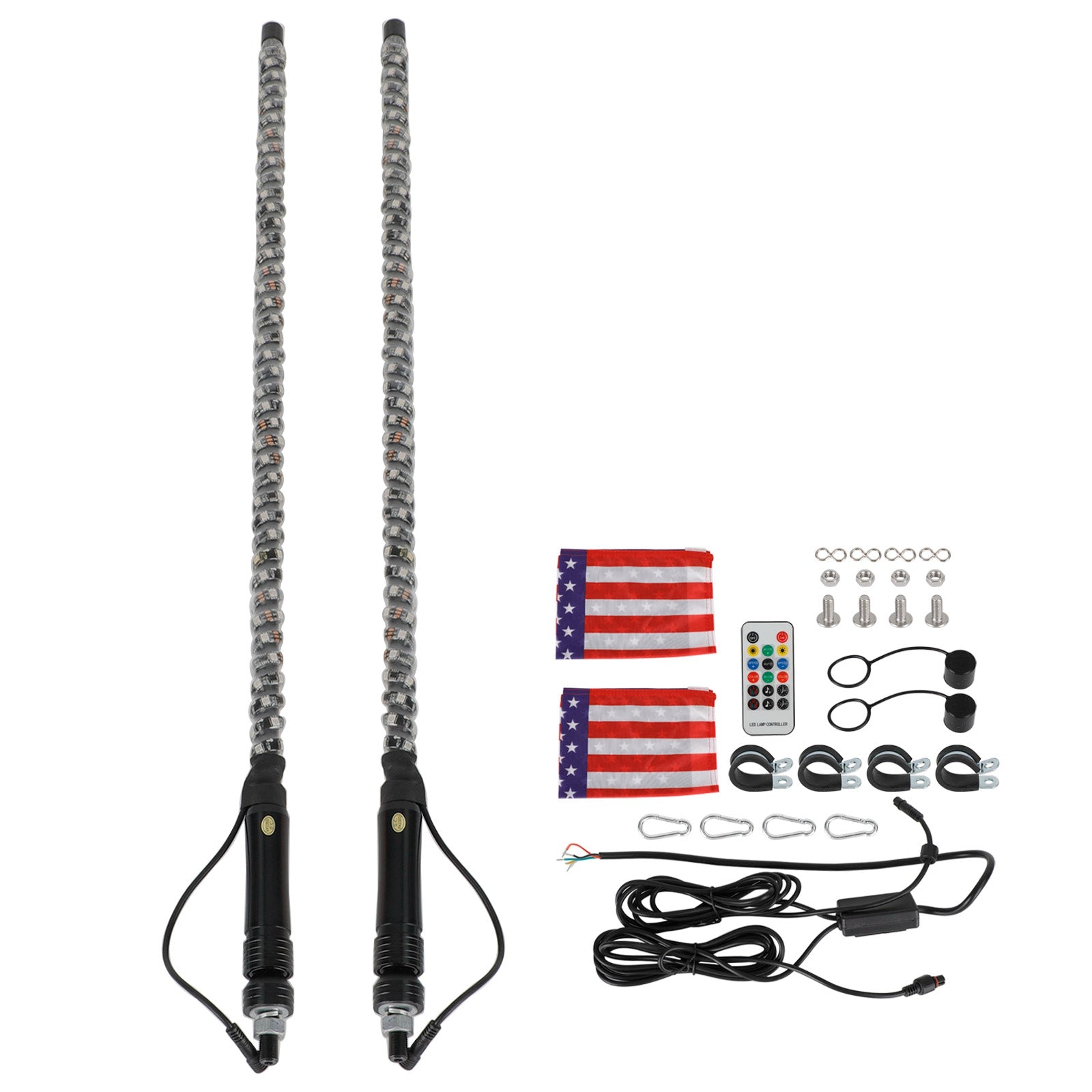 Polaris RZR UTV ATV 2X 3ft RGB LED Whip Lights Antenna W/ Flag Remote Control