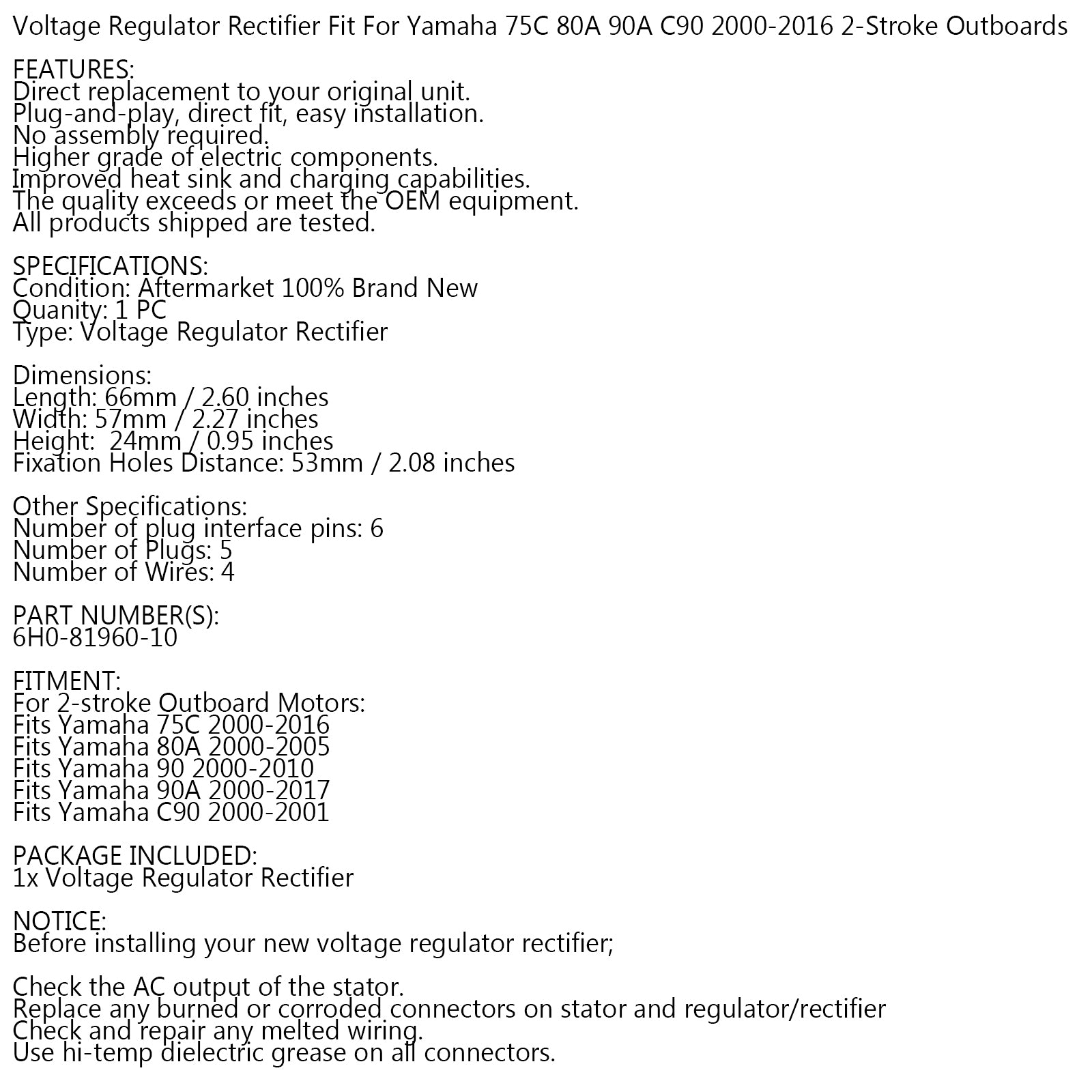 Voltage Regulator Rectifier for Yamaha 75 80 90 HP 00-17 outboard 6H0-81960-10