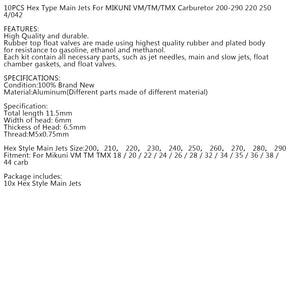 10PCS Hex Type Main Jets For MIKUNI VM/TM/TMX Carburetor 200-290 220 250 4/042