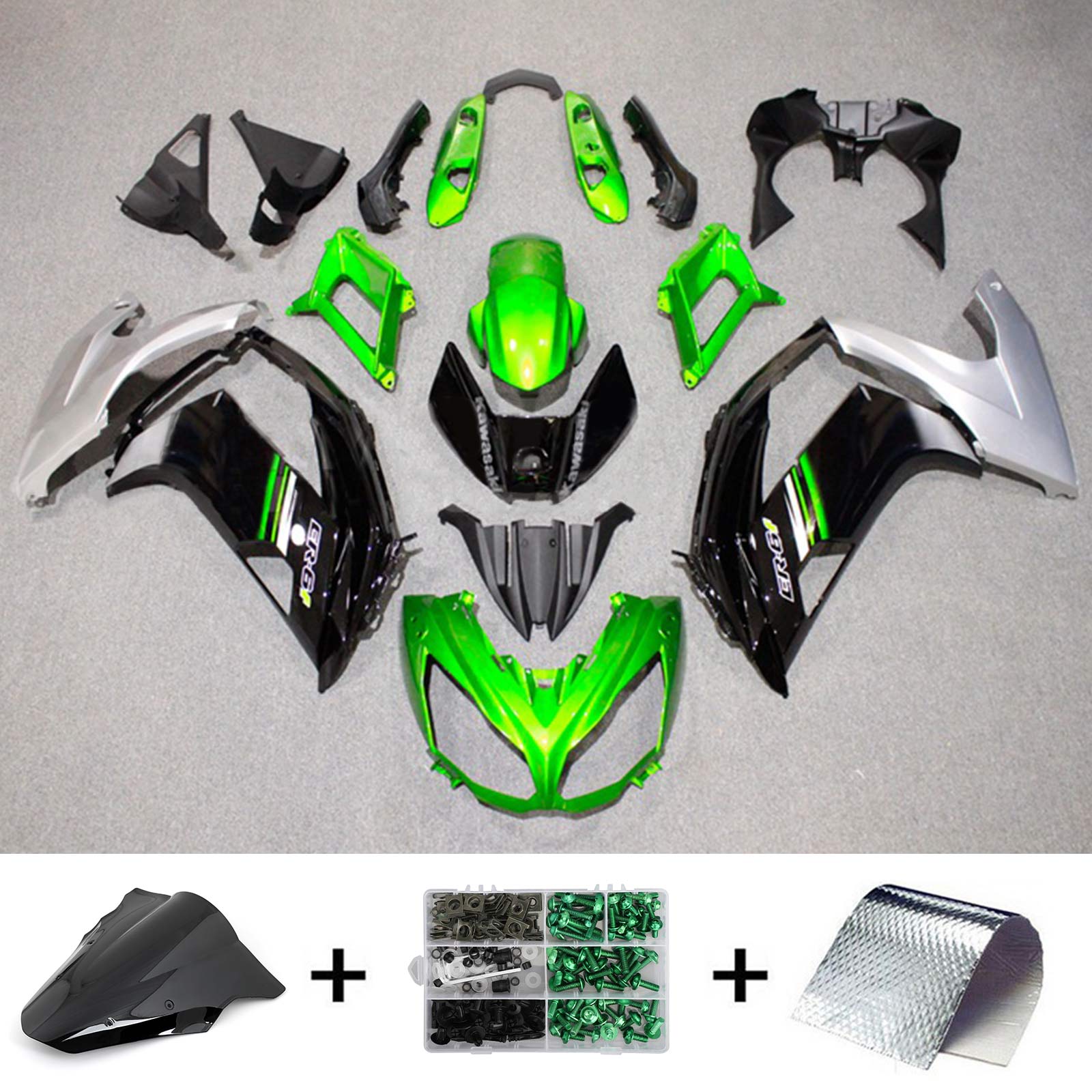 Amotopart 2012-2016 Kawasaki Ninja 650 Kit de carenado verde plateado negro