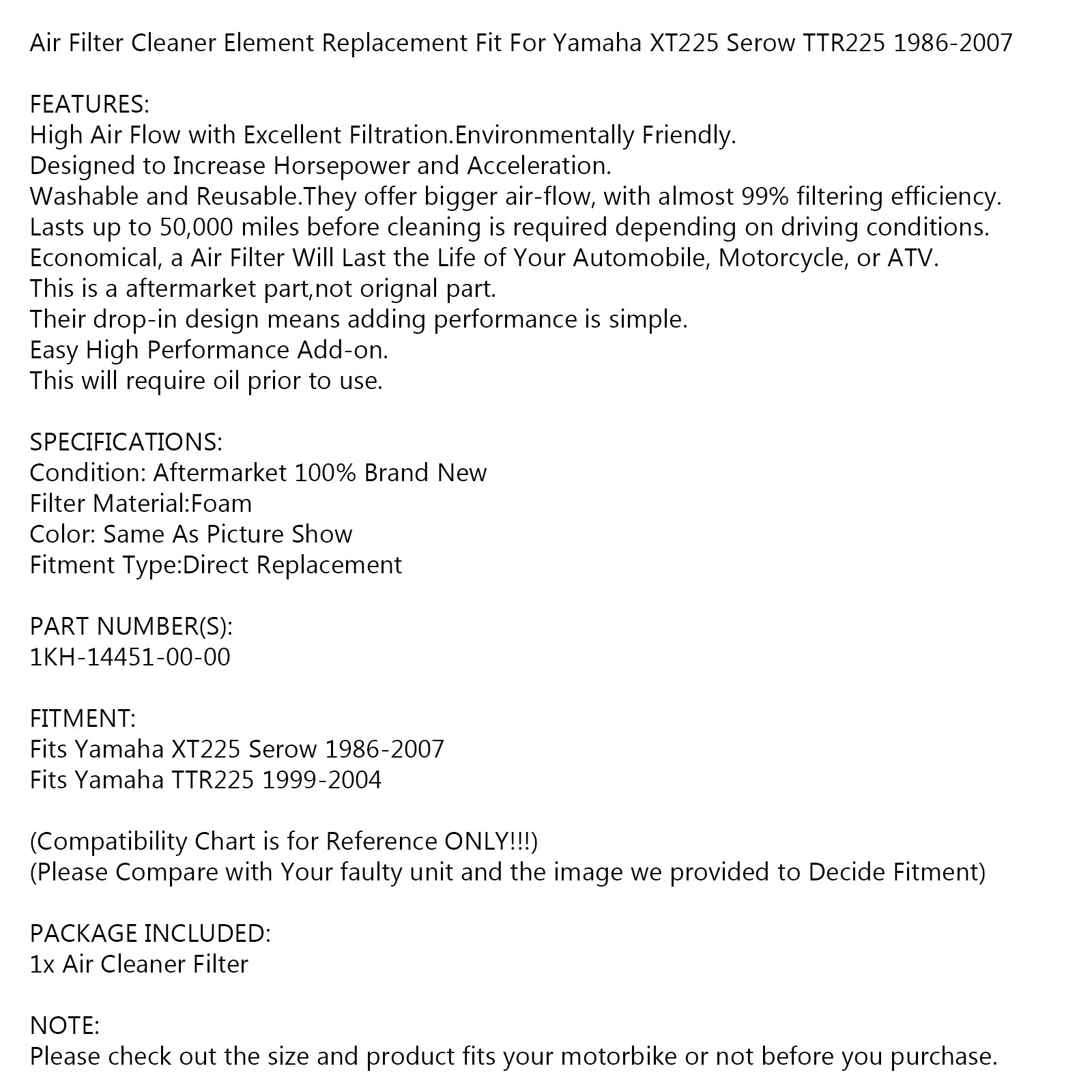 フォームエアフィルター ヤマハ TTR225 XT225 セロー XT 225 1986-2007 1KH-14451-00