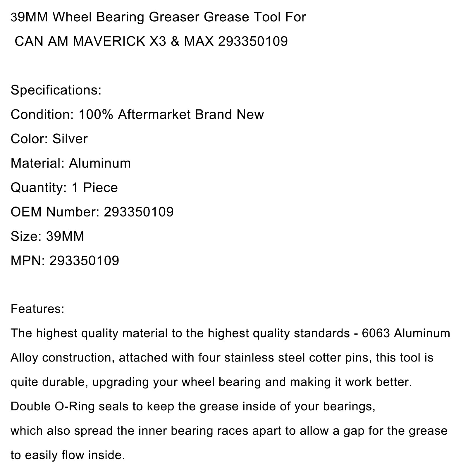 Wheel Bearing Greaser 39Mm Grease Tool Kit For Utv Can Am Maverick X3 293350109 Generic